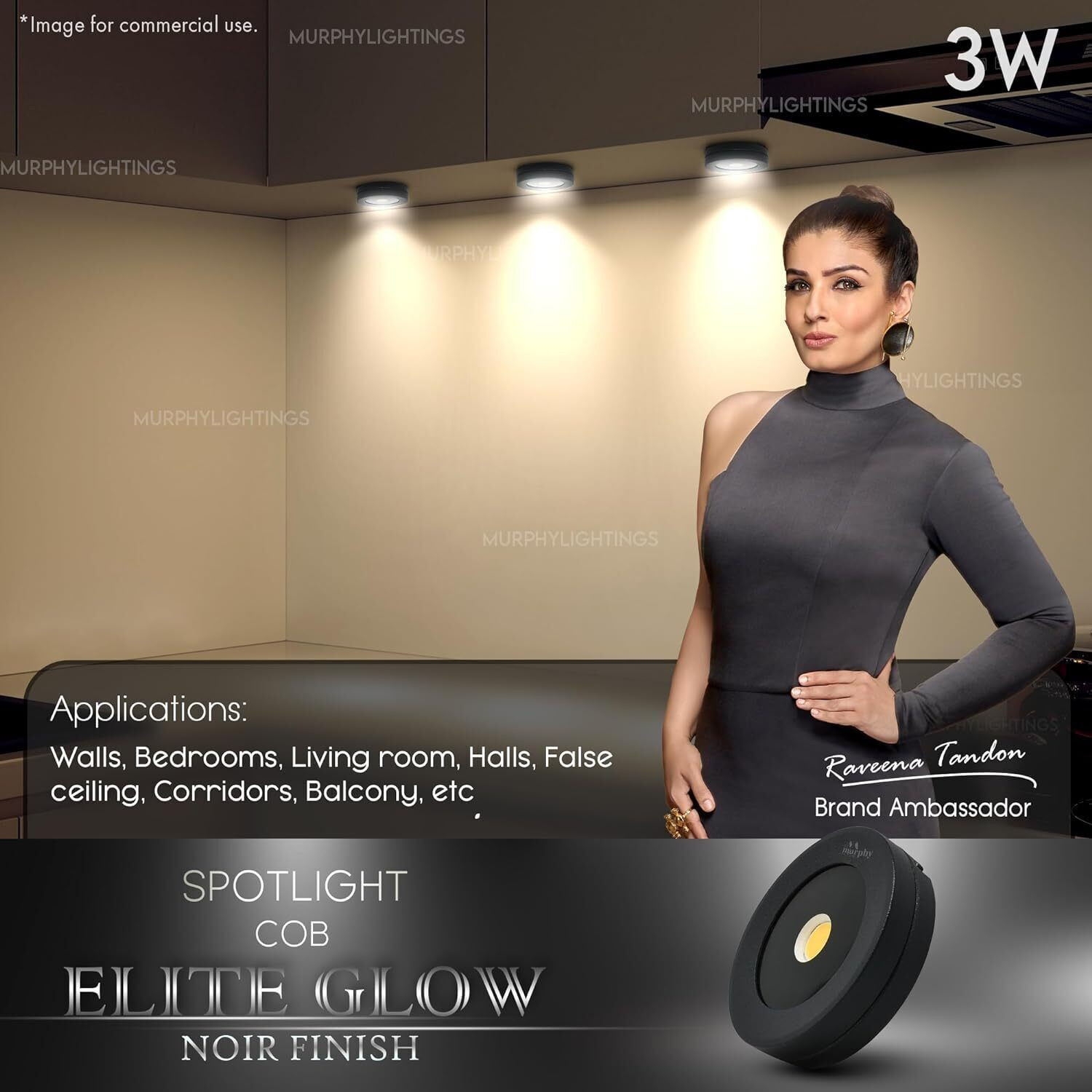 Image of MURPHY 3W Elite Glow Noir Waterproof LED Surface Cabinet Down Light (Warm White) Surface Ceiling Light Ceiling Lamp