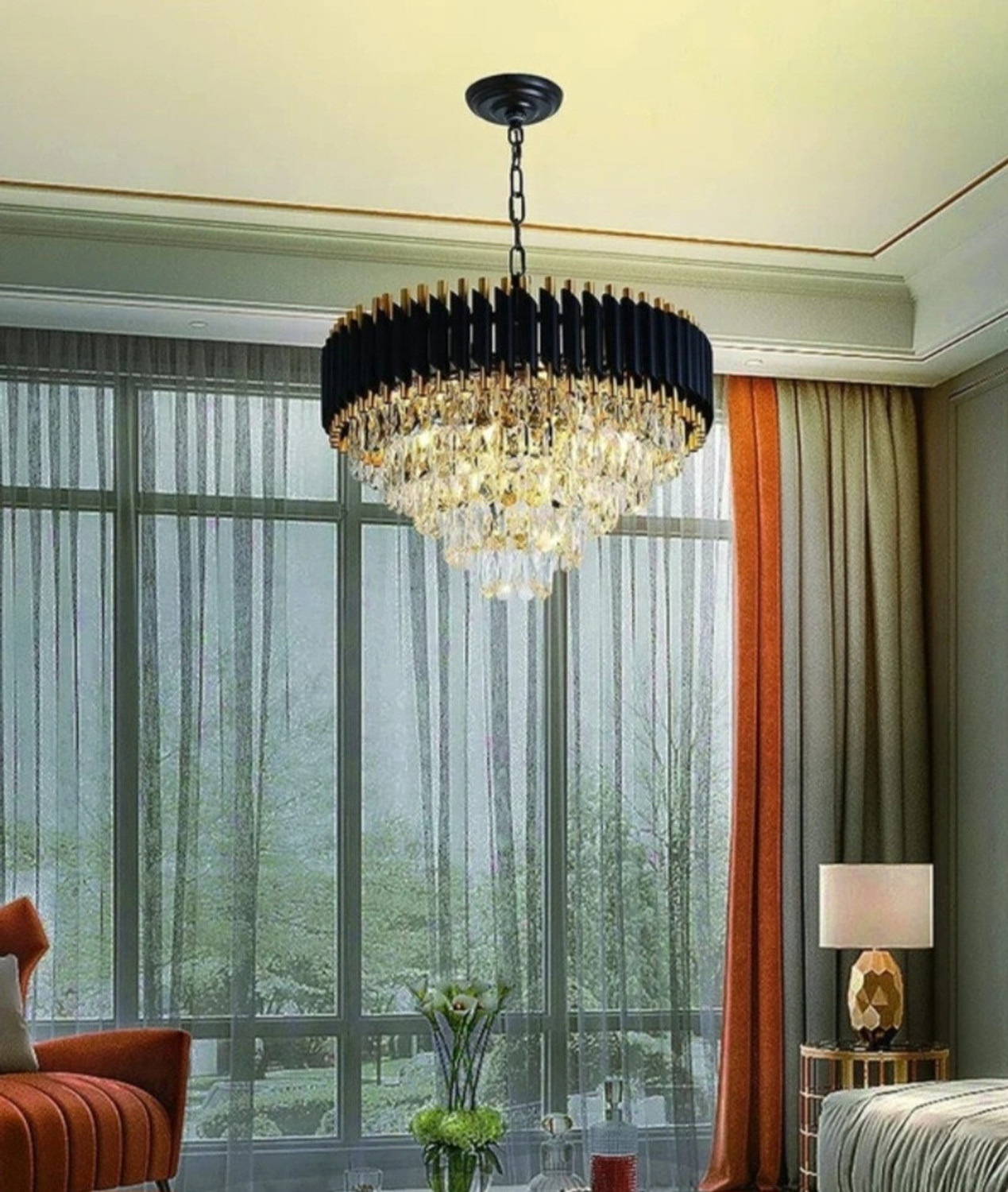 Image of KAYUV Bluetooth chandelier 600mm Black Gold color changing with Remote Moving Crystal Chandelier Ceiling Lamp