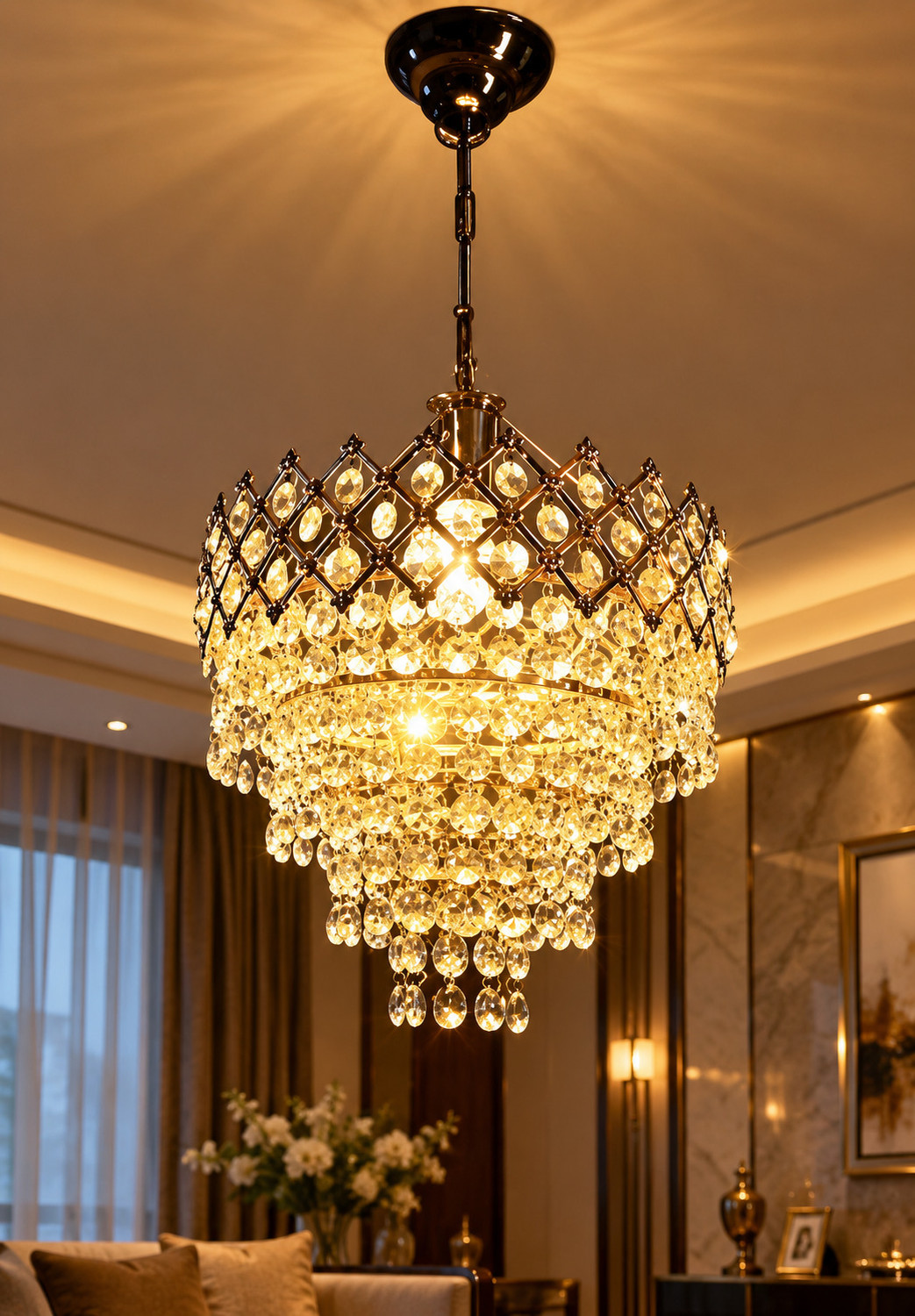 Image of Adwait Golden Color Crystal Jhumar Hanging Light Flush Mount Ceiling Lamp Ceiling Light Ceiling Lamp (Multicolor)