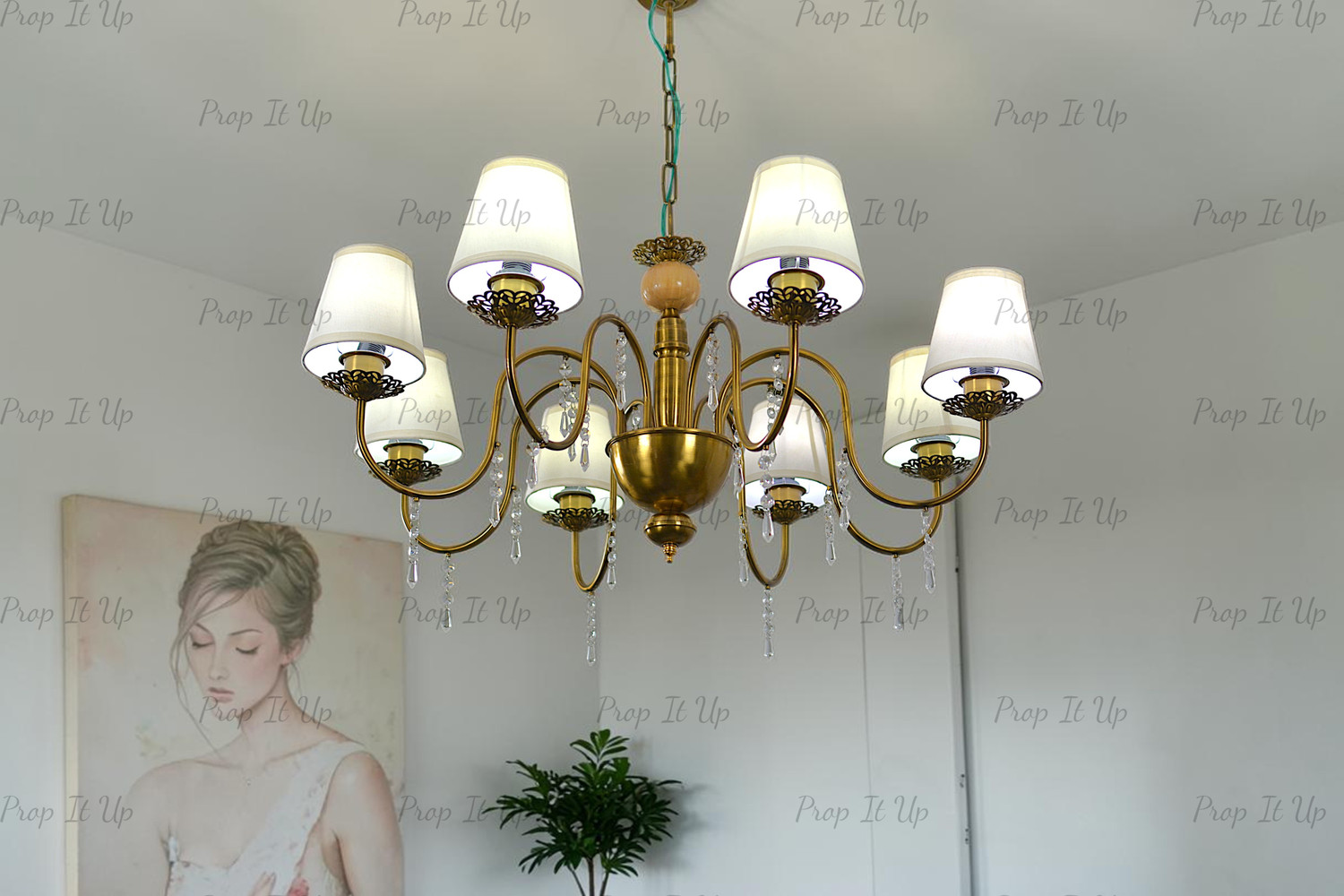 Image of Prop It Up 8 Light British Style Gold Antik Finish with Fabric Shade Pendant Hanging Light Chandelier Ceiling Lamp