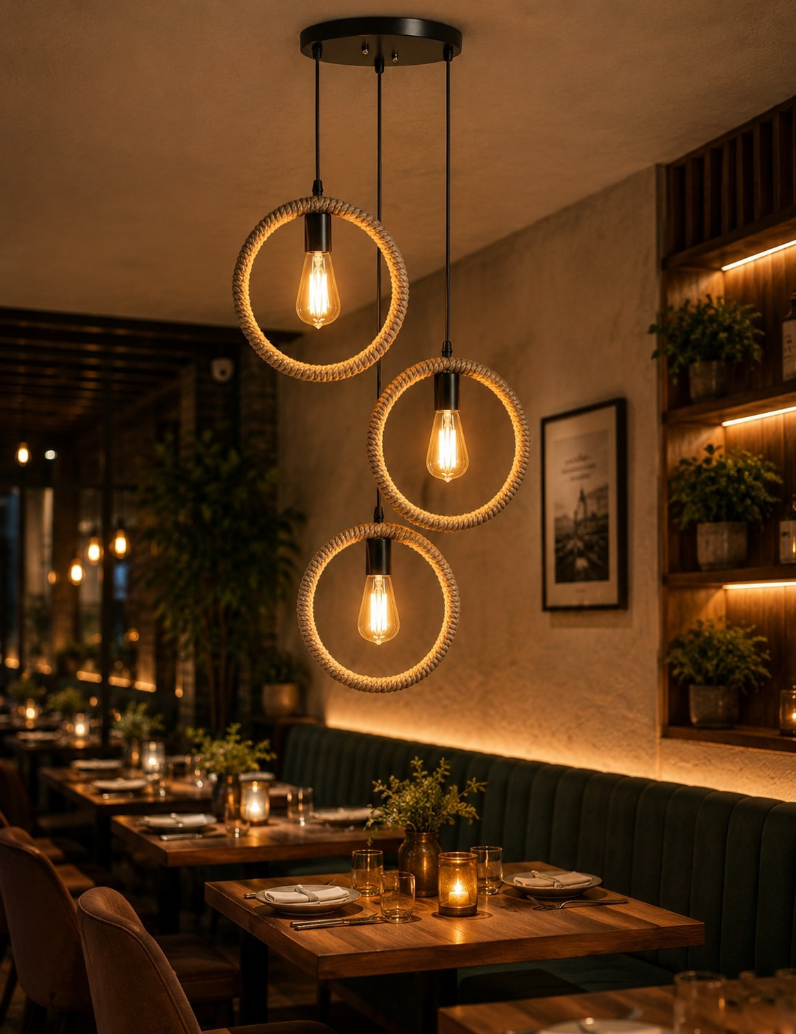 Image of DENICRAAS Metal Pendant Light Industrial 3 Light Rope Hanging Rope in circle Lamp in Black Pendant Lamp Ceiling Lamp