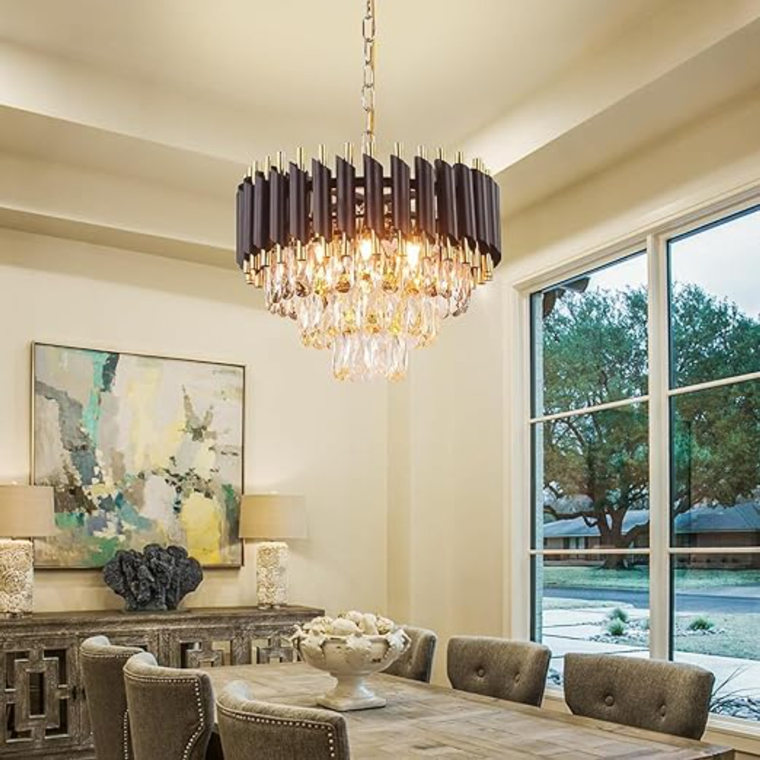 Image of Svah Luxury 3-Tiers Crystal Chandelier 300mm Gold Finish with LED Light Black-Gold Chandelier Ceiling Lamp