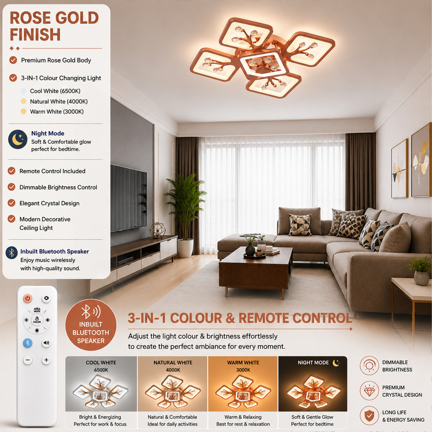Image of Eve Hanger EVE HANGER Rose Gold 3in1 Remote Chandelier with Bluetooth Speaker Chandelier Ceiling Lamp
