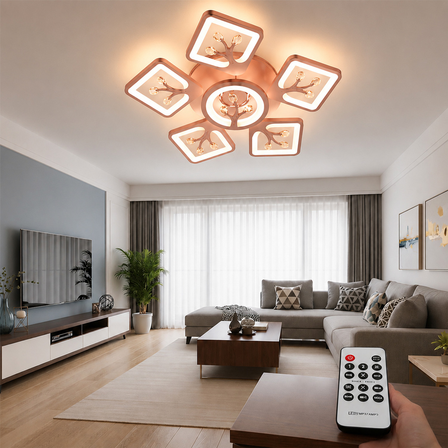 Image of Eve Hanger Rose Gold 5+1 JhumerRemote control and Bluetooth speaker inbuilt Chandelier Ceiling Lamp