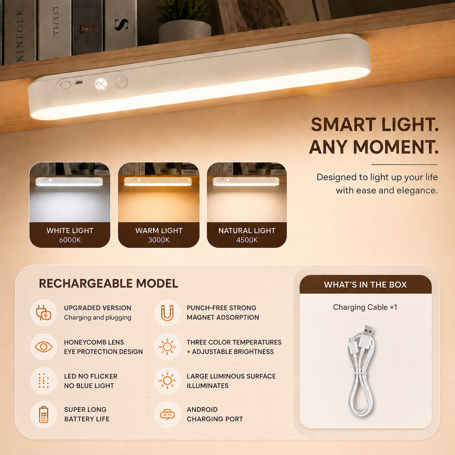 Image of Refulgix 30cm Magnetic Cabinet Light USB Rechargeable 20 LED Wardrobe Light 3 Mode Surface Ceiling Light Ceiling Lamp
