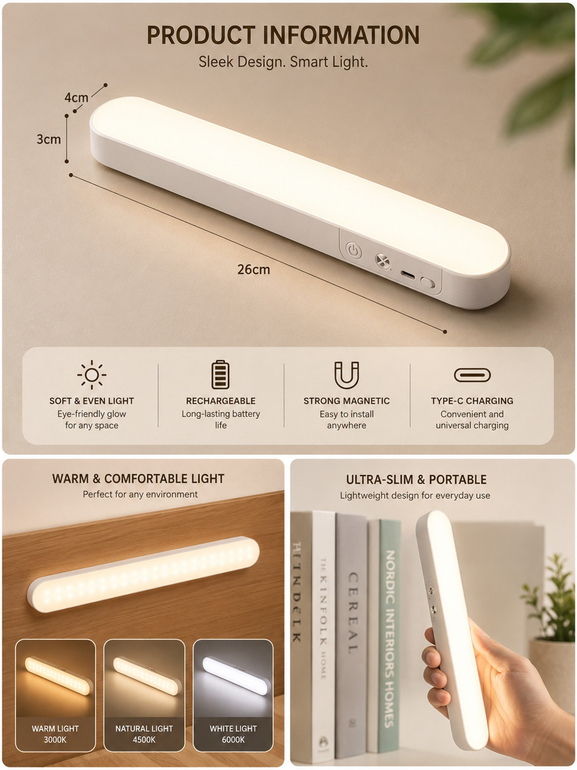 Image of Refulgix 30cm Magnetic Cabinet Light USB Rechargeable 20 LED Wardrobe Light 3 Mode Surface Ceiling Light Ceiling Lamp