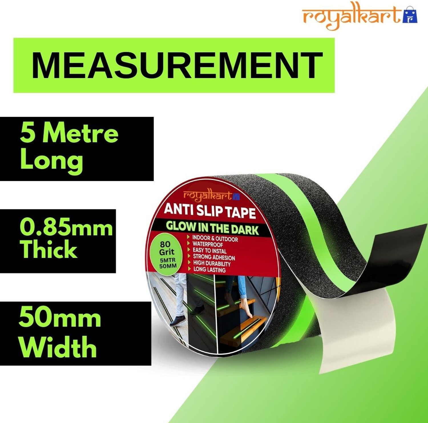 Image of Royalkart HighPower Anti-slip tape Handheld Glow-in-Dark for Local Illumination - Anti Skid Improves Grip and Prevents Risk of Slippage on Stairs or Other Slippery Surfaces (50 mm x 5 meter, Radium-Black) (Manual)