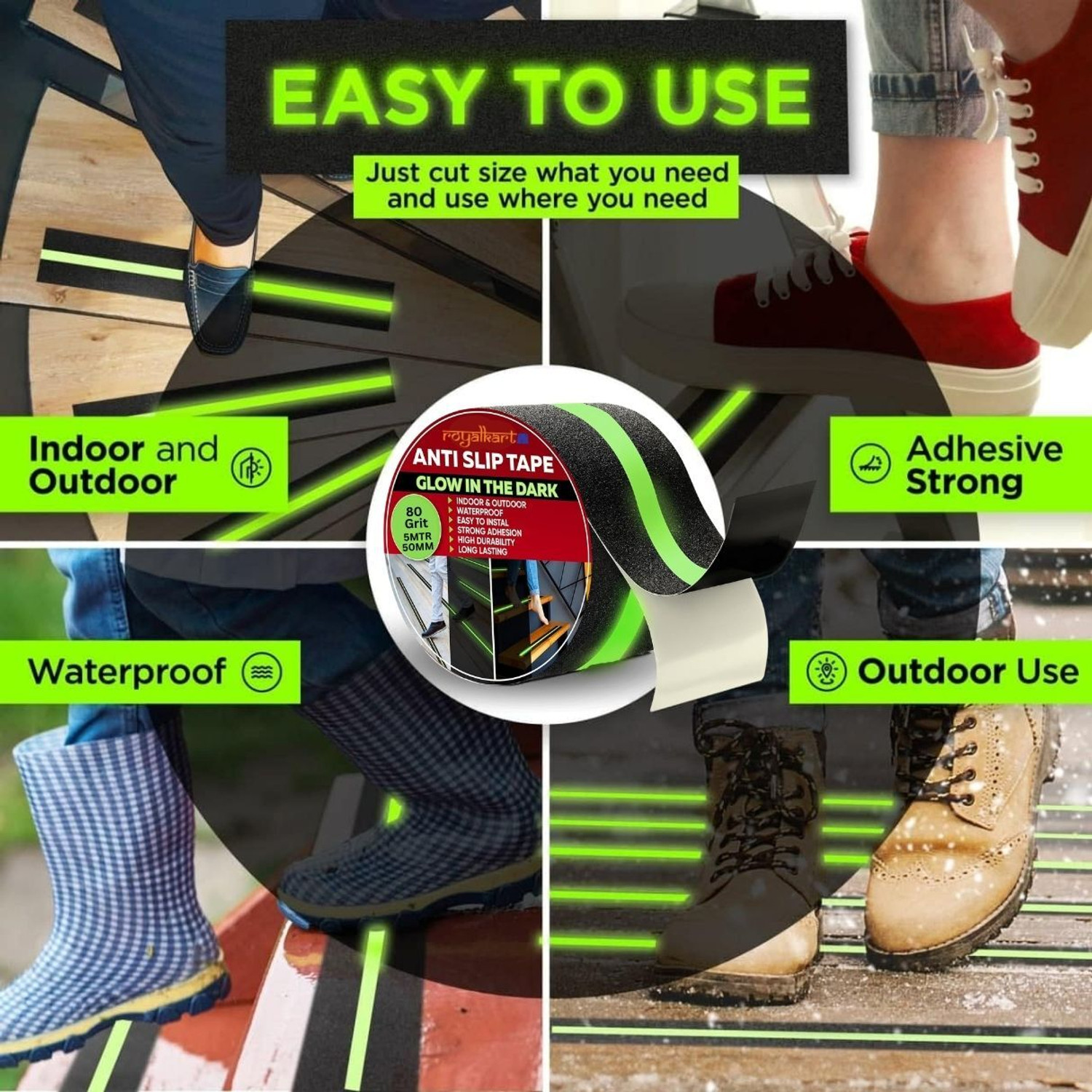 Image of Royalkart HighPower Anti-slip tape Handheld Glow-in-Dark for Local Illumination - Anti Skid Improves Grip and Prevents Risk of Slippage on Stairs or Other Slippery Surfaces (50 mm x 5 meter, Radium-Black) (Manual)