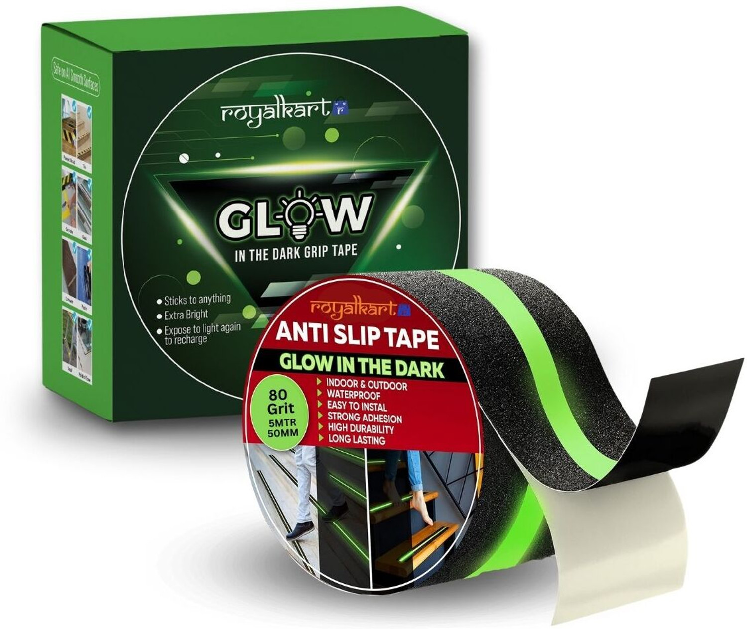 Image of Royalkart HighPower Anti-slip tape Handheld Glow-in-Dark for Local Illumination - Anti Skid Improves Grip and Prevents Risk of Slippage on Stairs or Other Slippery Surfaces (50 mm x 5 meter, Radium-Black) (Manual)