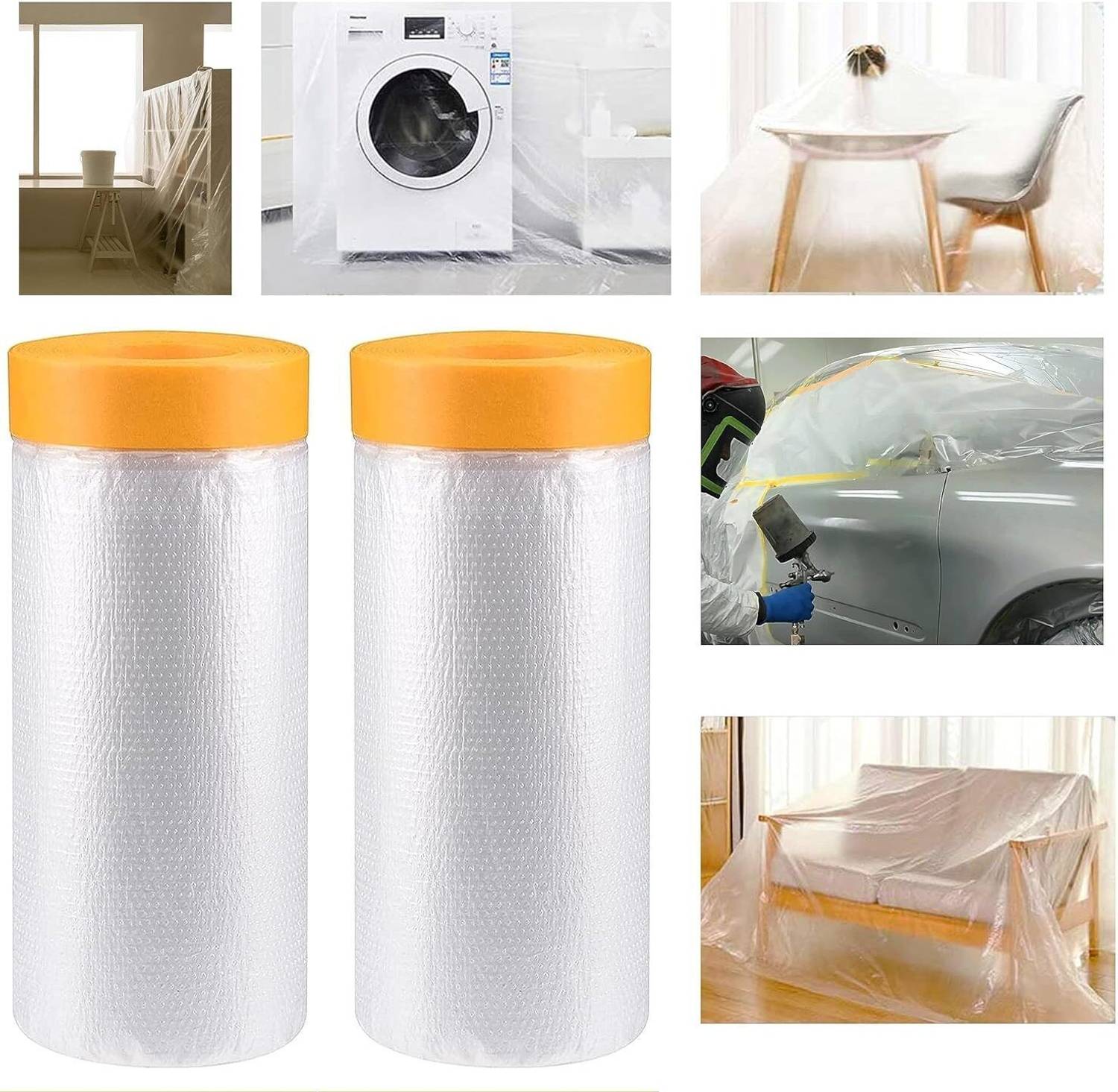 Calldrishe Adhesive Plastic Painting Drop Film Masking Painting Tape Handheld Pre-Taped Masking Film Painter Tape for Painting Protection Plastic Masking Film (Manual)