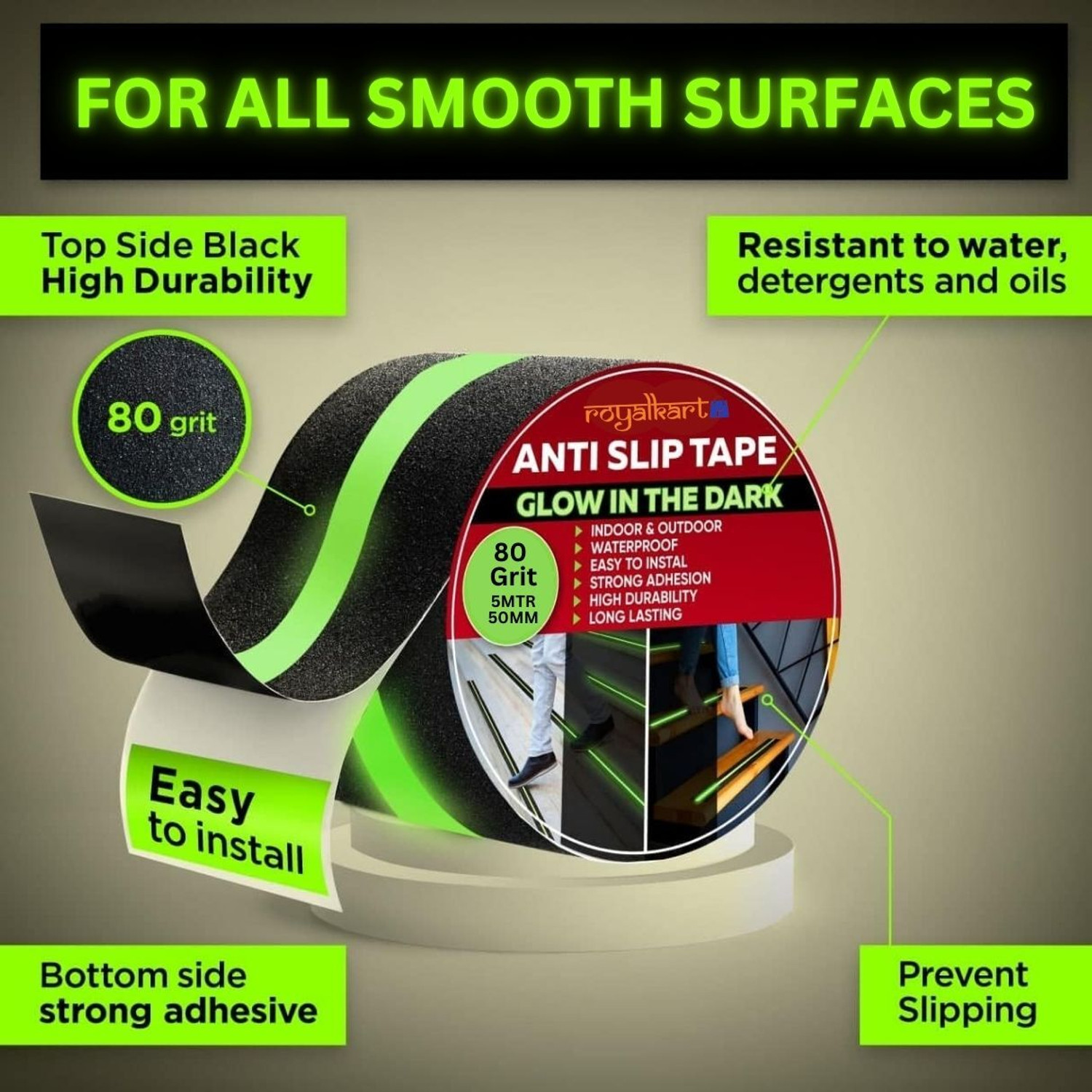 Image of Royalkart HighPower Anti-slip tape Handheld Glow-in-Dark for Local Illumination - Anti Skid Improves Grip and Prevents Risk of Slippage on Stairs or Other Slippery Surfaces (50 mm x 5 meter, Radium-Black) (Manual)