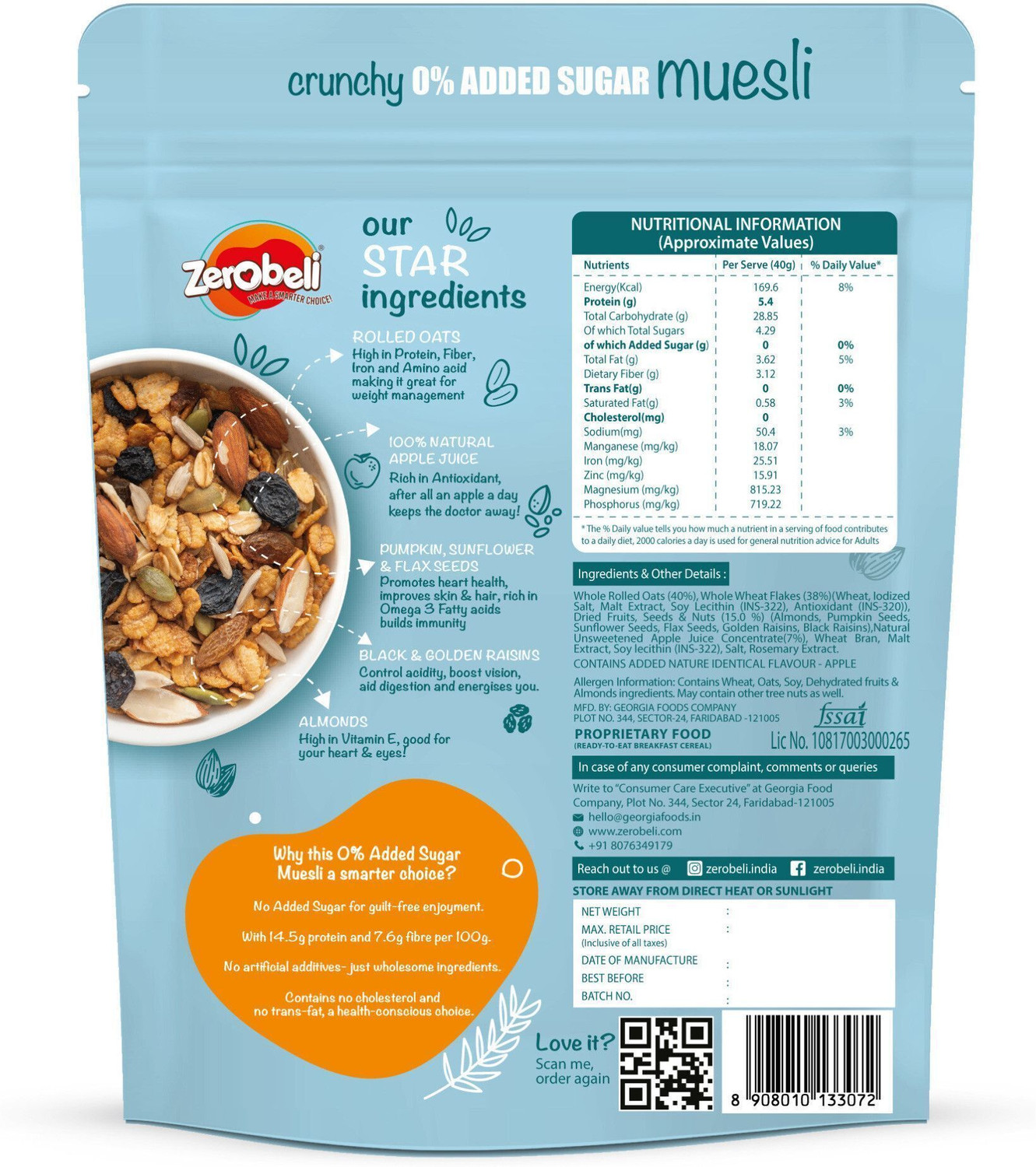 Image of Zerobeli Crunchy 0% Added Sugar Muesli | High Protein Diabetic Friendly |100% Wholegrain Pouch