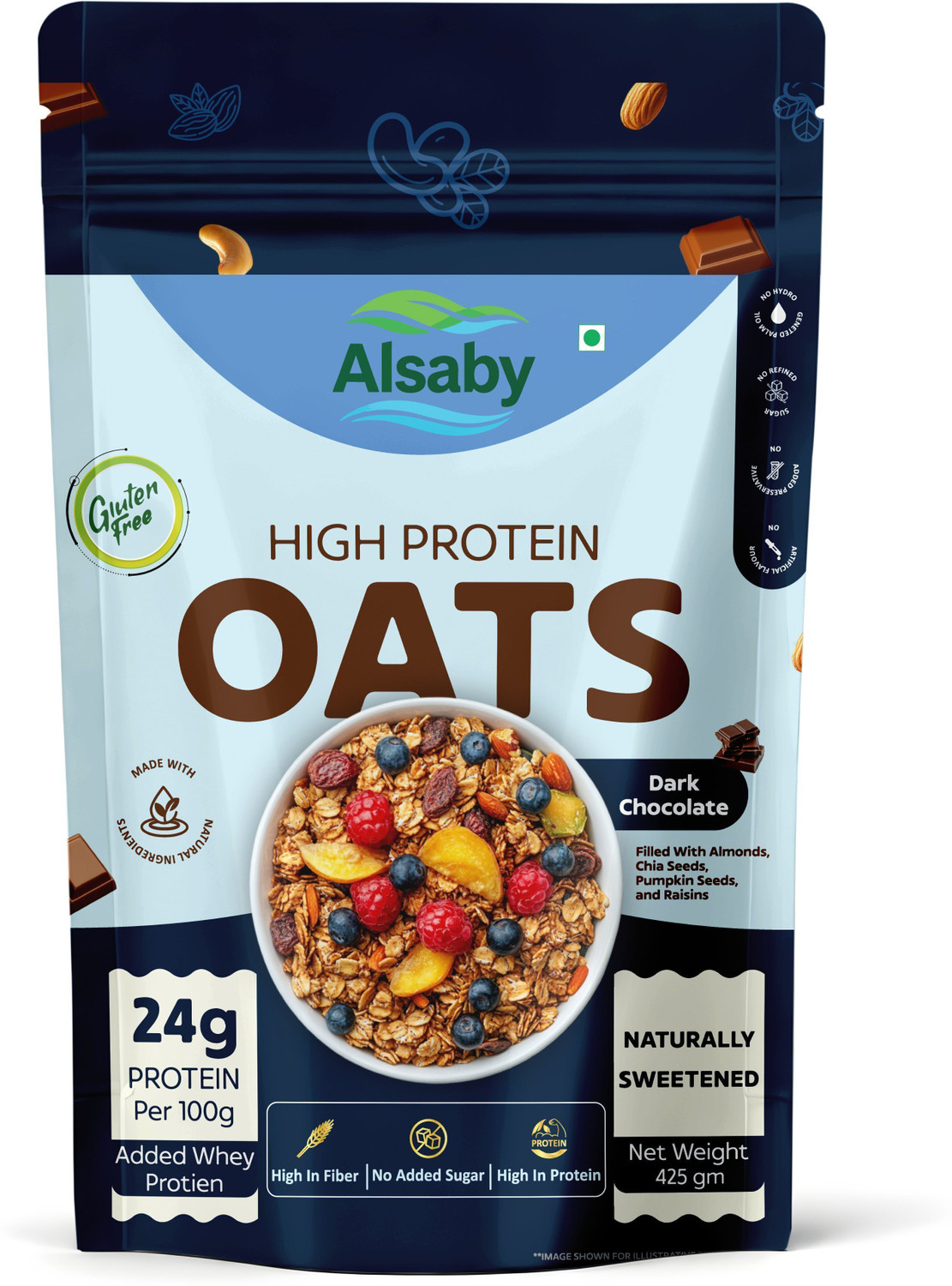 Image of ALSABY 24g Protein Oats (Dark Chocolate), Naturally Sweetened, Gluten Free, High Fibre Pouch