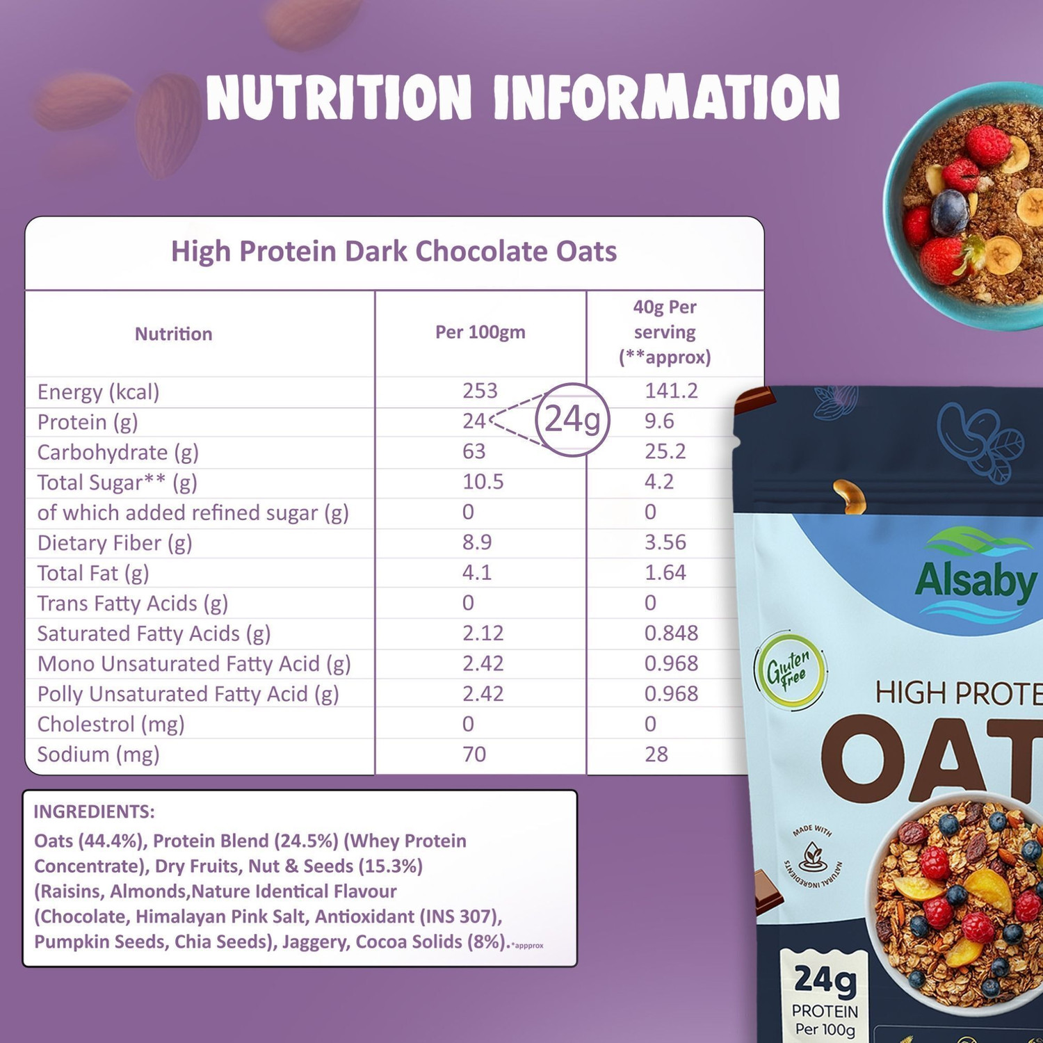 Image of ALSABY 24g Protein Oats (Dark Chocolate), Naturally Sweetened, Gluten Free, High Fibre Pouch