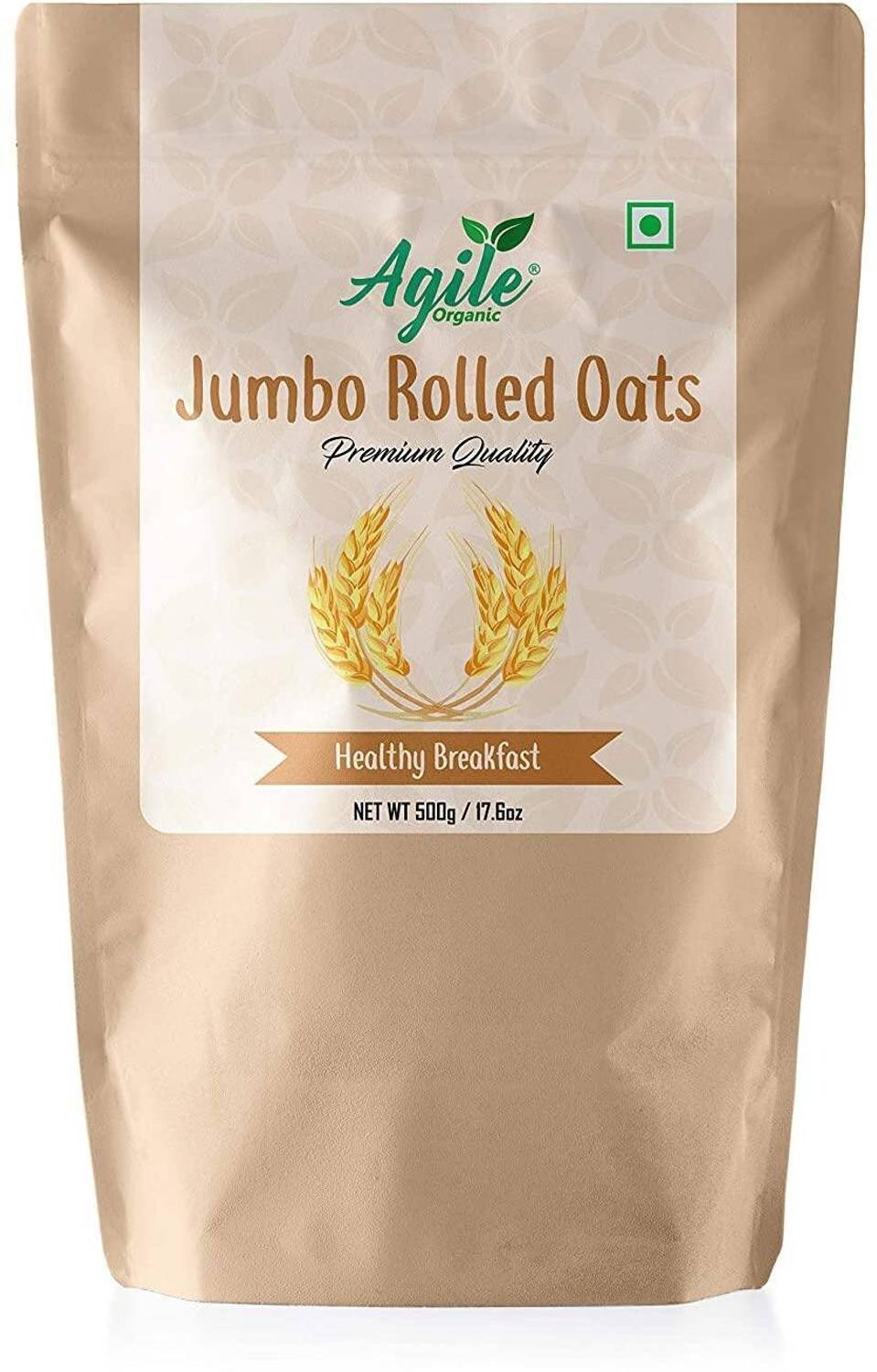 Agile Organic Jumbo Rolled Oats, 500g | Rich source of Fibre | Gluten Free | Pouch