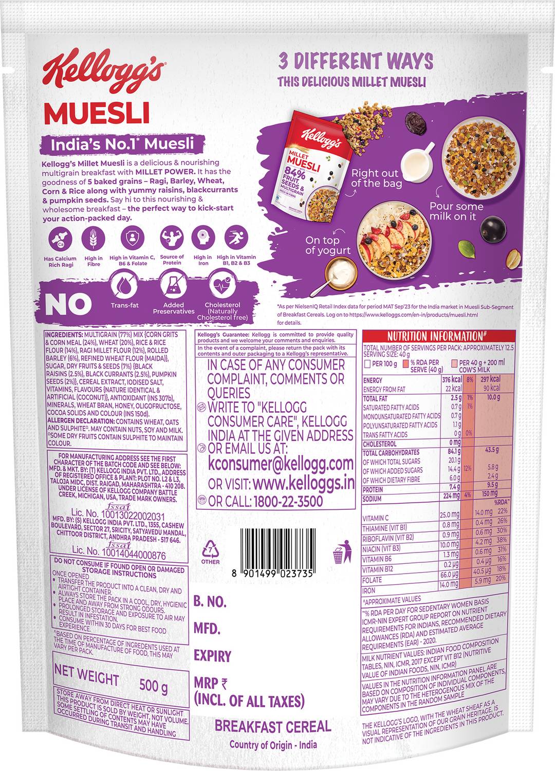Kellogg's Millet Muesli 84% Fruit, Seed & Multigrain - Image 2