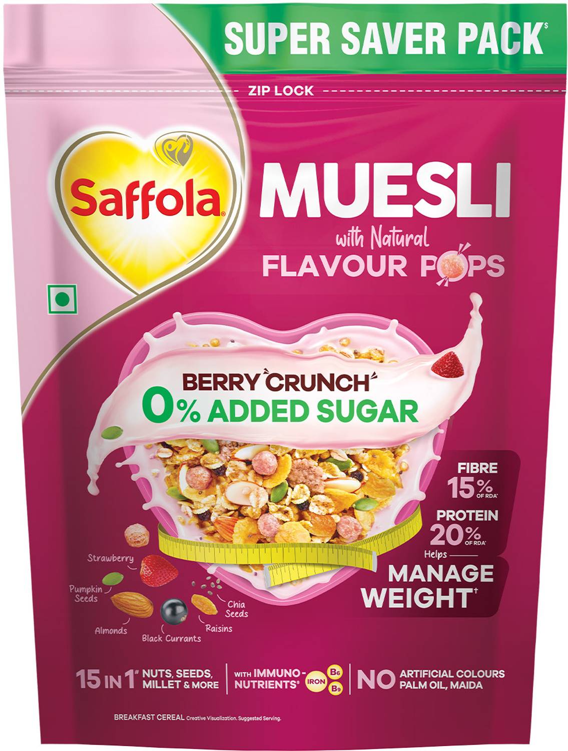 Saffola Muesli 0% Added Sugar Berry Crunch High Protein Muesl