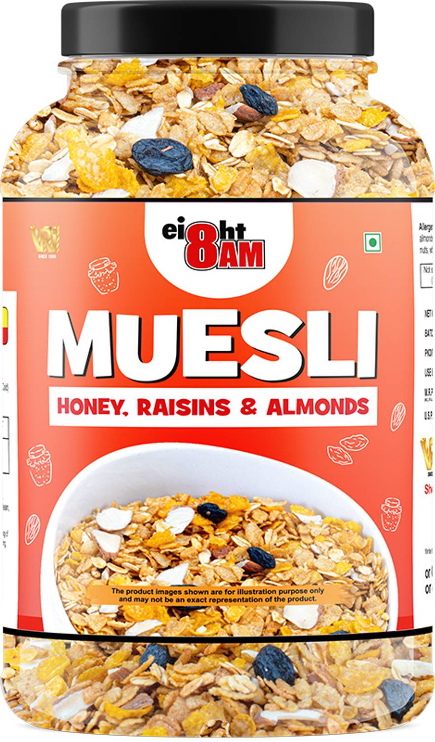 8AM Muesli, 93% Whole Grains, Almonds & Raisins, Sweetened with Honey, Healthy Snack Jar