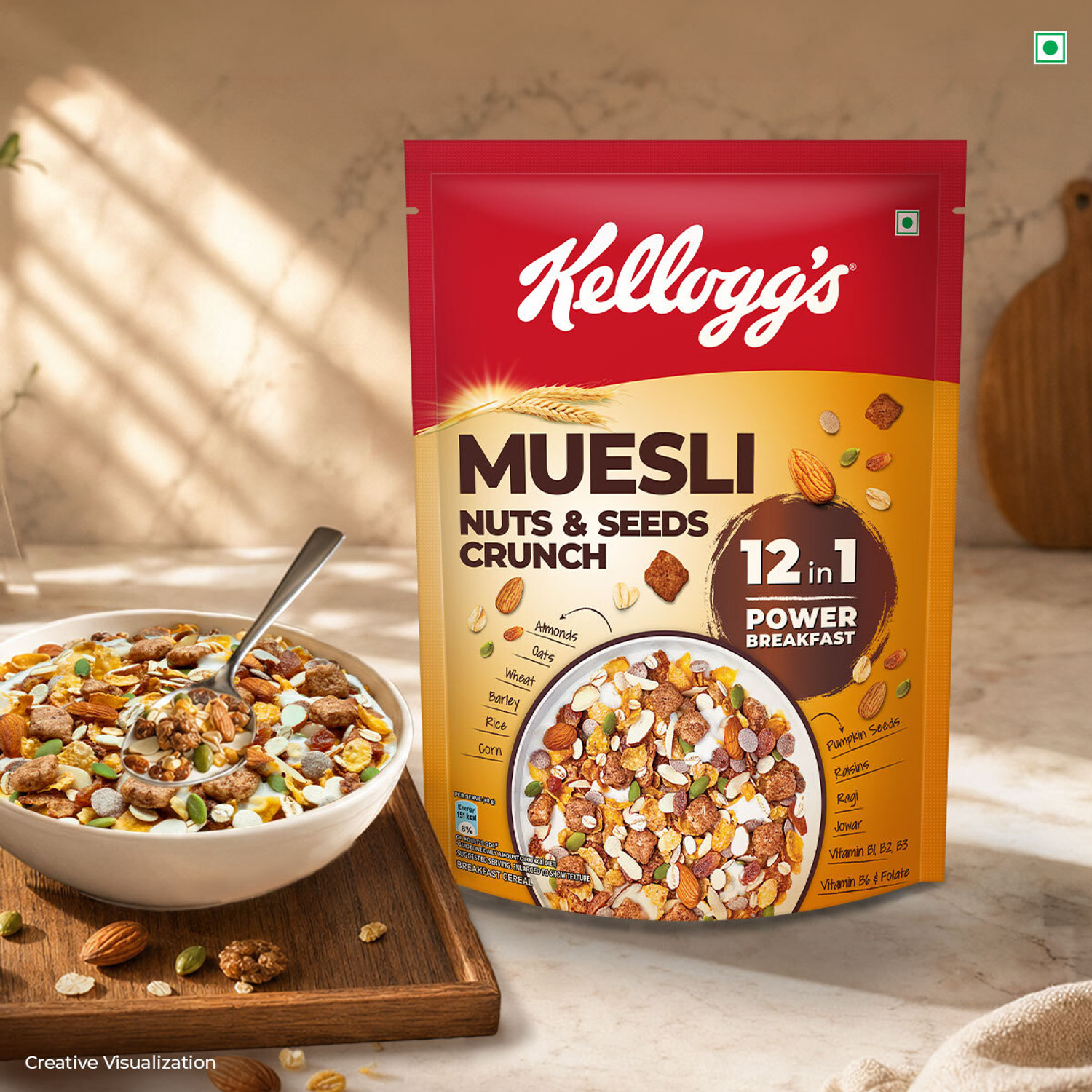 Image of Kellogg's Muesli Nuts & Seeds Crunch | 12 in 1 Power Breakfast Pouch