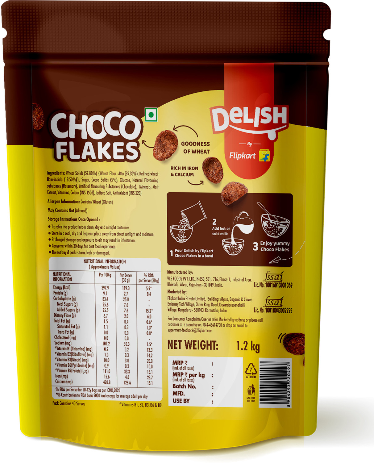 Image of Delish Choco Flakes, Made with Whole Wheat, Rich in Iron & Calcium, Breakfast Cereal Pouch