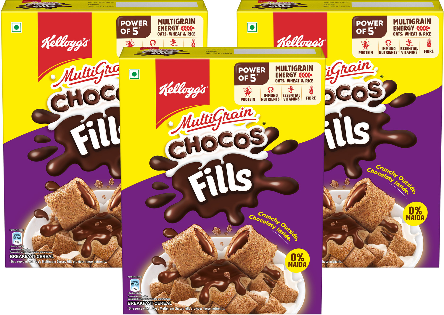 Image of Kellogg's Chocos Fills Double Chocolaty, 0% Maida, Oats, Wheat & Rice, Multigrain Snack Box (3 x 250 g)