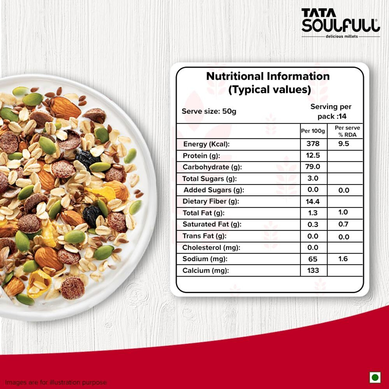 Image of Tata by na Soulfull 0% Added Sugar Millet Muesli, Fruit, Nut & Seeds, Contains Ragi Flakes Pouch