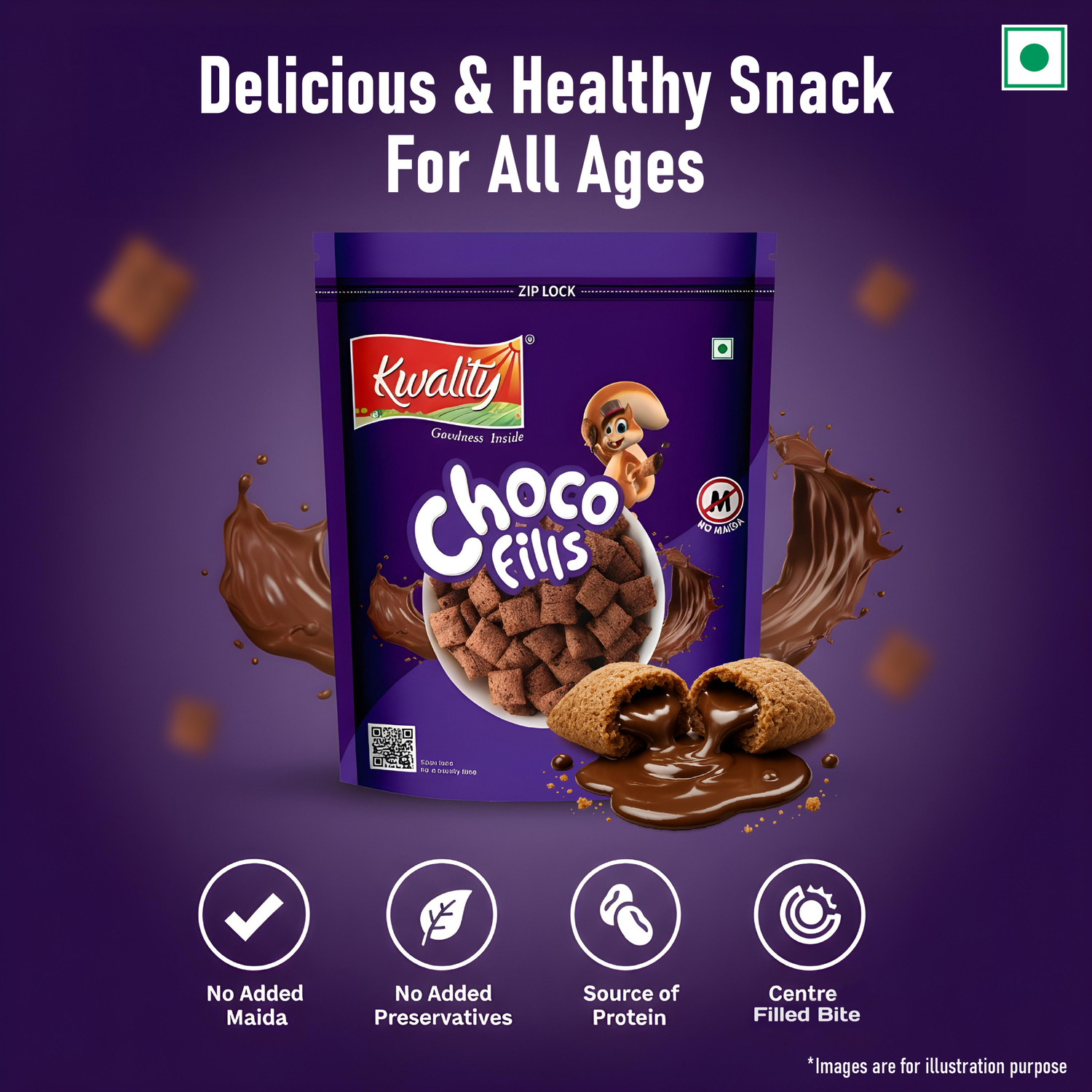 Image of Kwality by Kwality Choco Fills, 0% Maida, Filled With Rich Chocolate Breakfast Cereals for kids Box