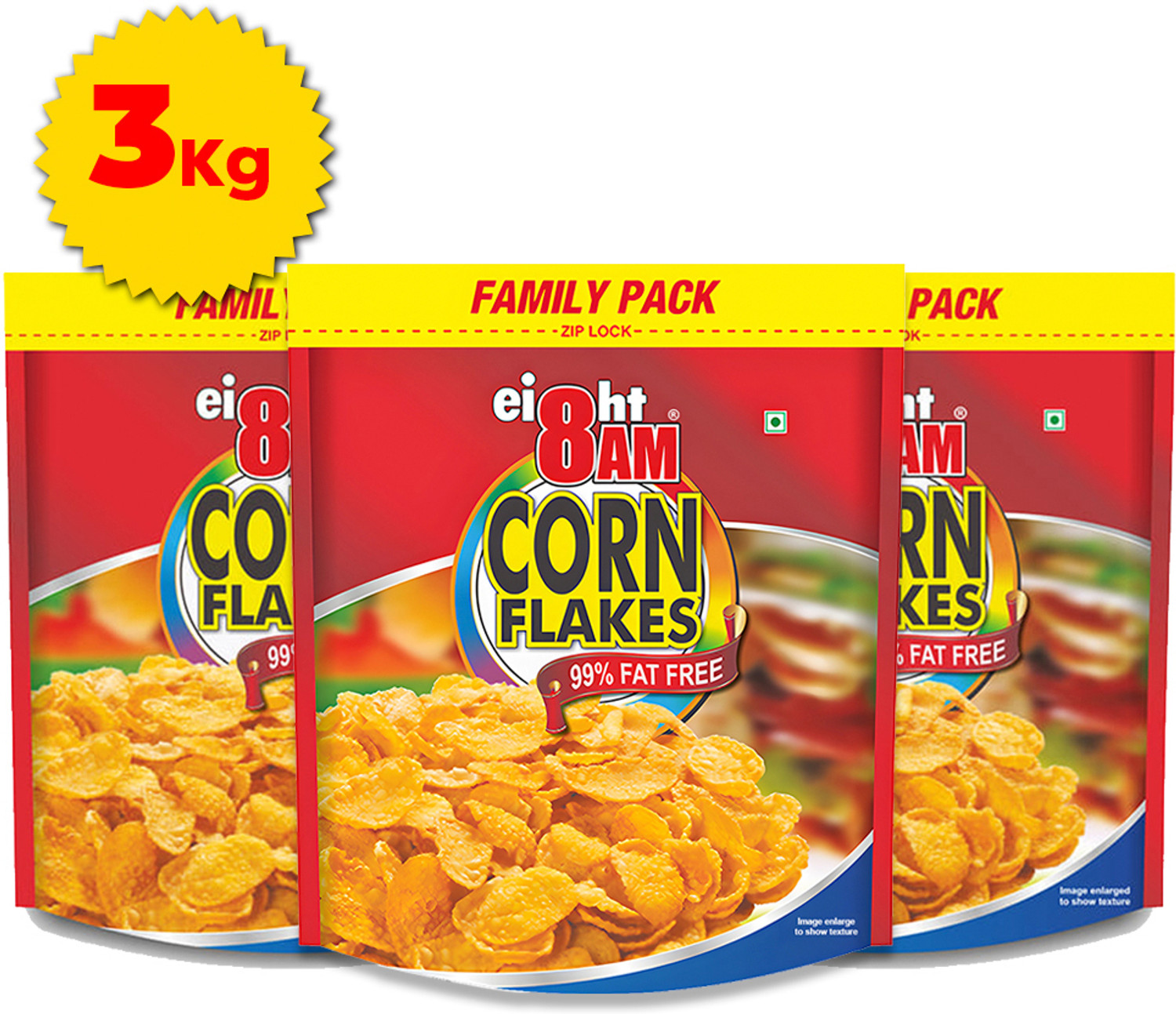 Image of 8AM Cornflakes Family Pack (3 x 1 KG), 92% Corn, 99% Fat Free, No Cholesterol Pouch (3 x 1 kg)