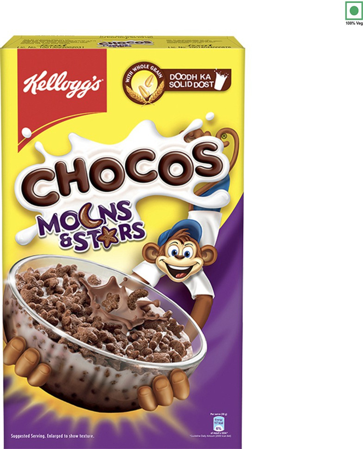 Image of Kellogg's Chocos Moons & Stars with Whole Grain, High in Calcium & Protein, Kid's Cereal Box
