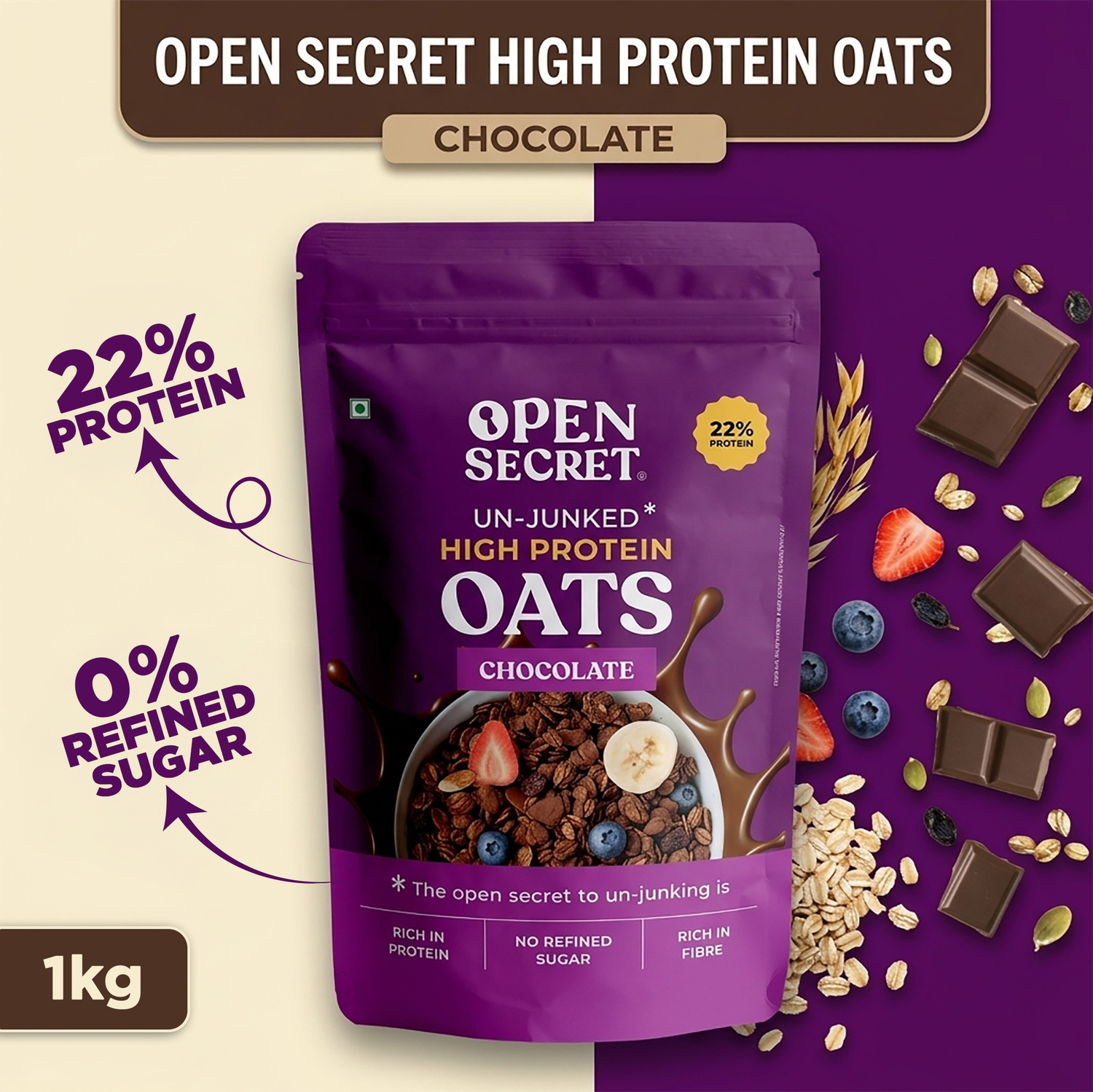 Image of OPEN SECRET High Protein Oats Healthy Breakfast Mix of Protein & Fibre 0 Refined Sugar Pouch