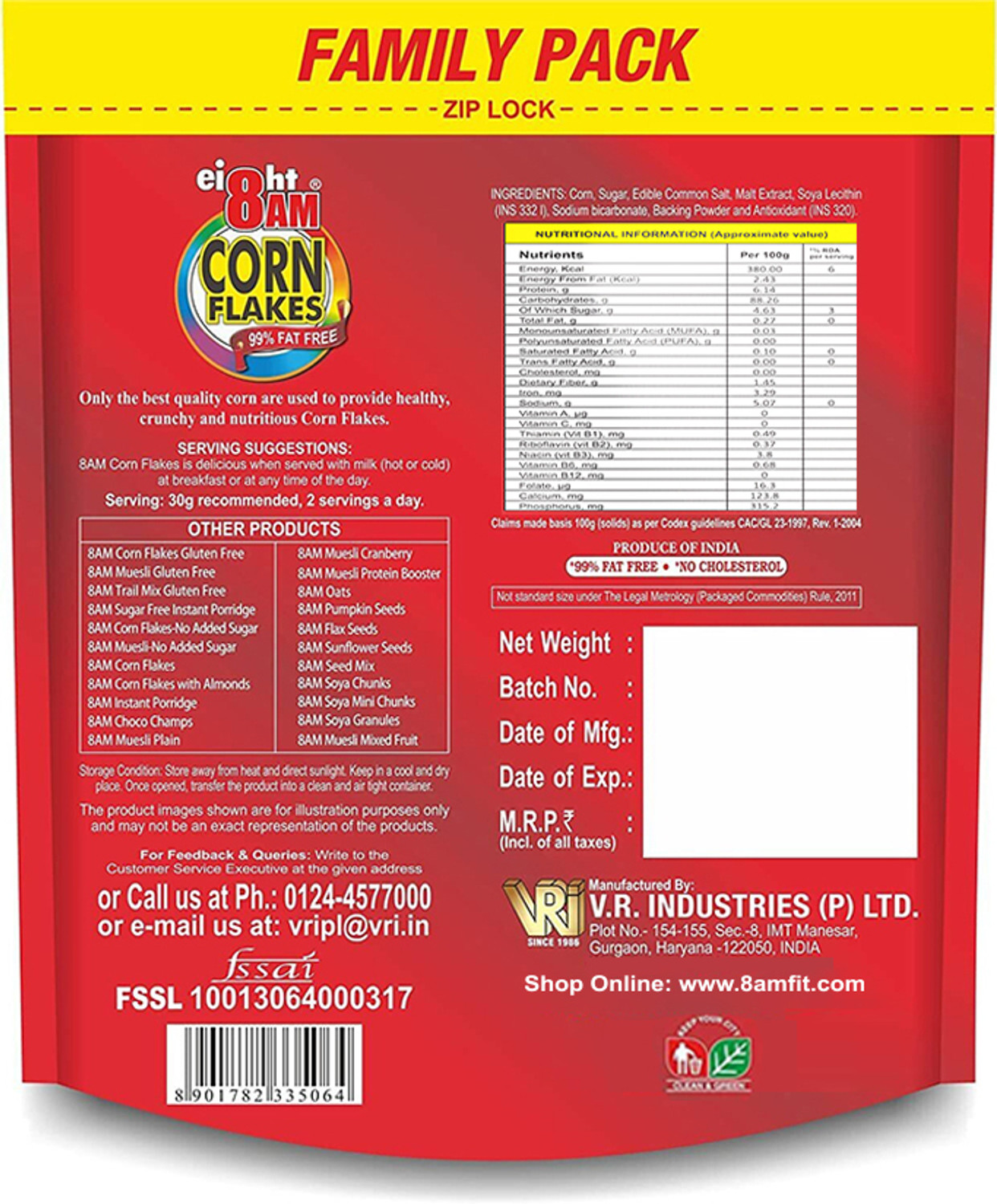 Image of 8AM Cornflakes Family Pack (3 x 1 KG), 92% Corn, 99% Fat Free, No Cholesterol Pouch (3 x 1 kg)