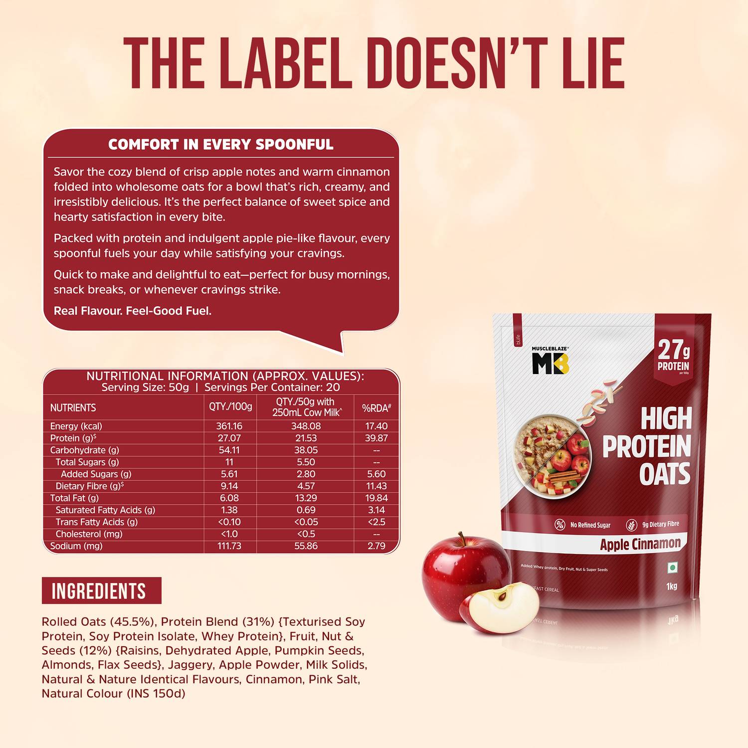MUSCLEBLAZE High Protein Oats, Apple Cinnamon, 400g - Image 4