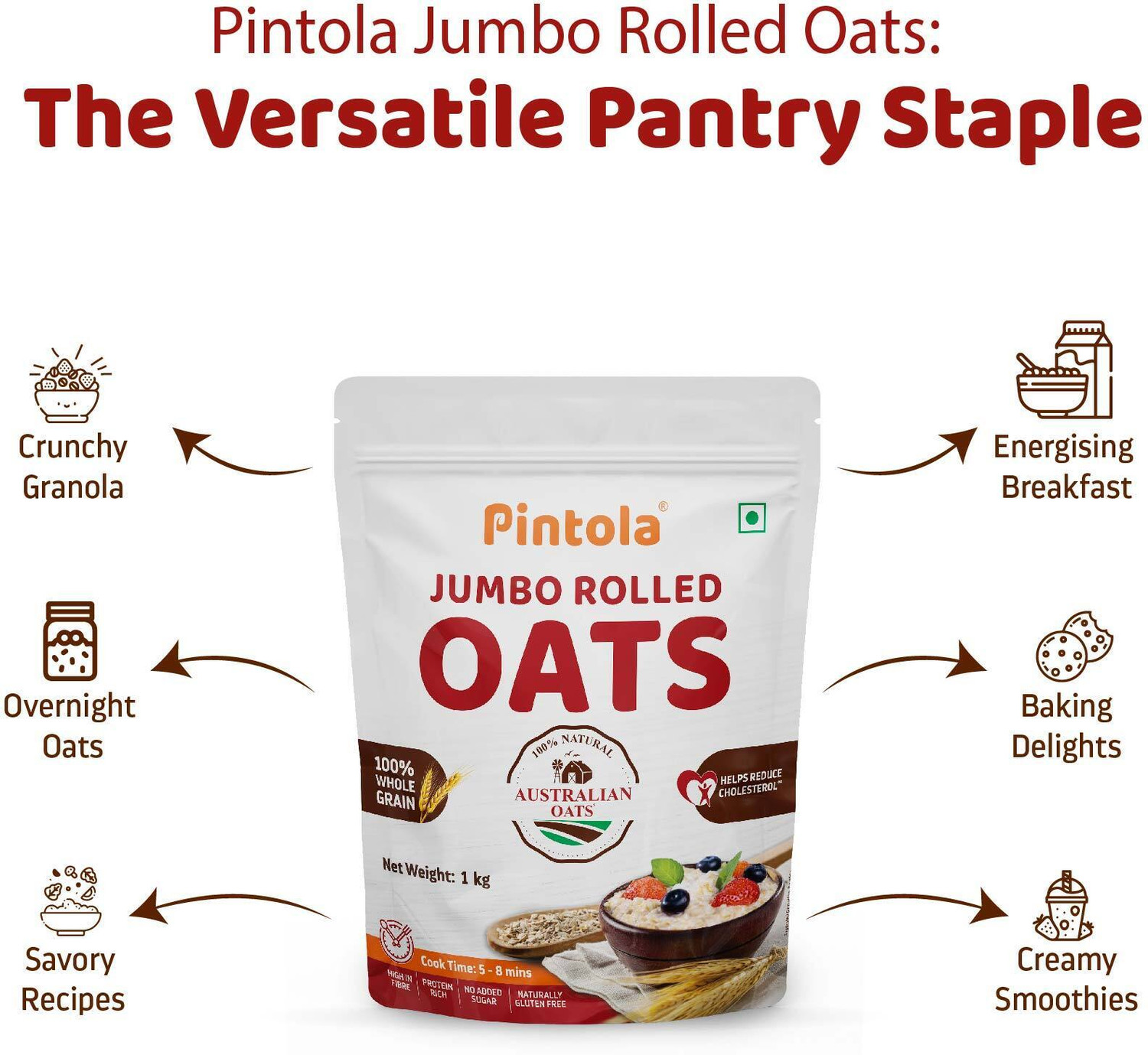 Image of Pintola Combo Pack of 2 Jumbo Rolled Oats 1kg, 100% Natural Wholegrain, Gluten-Free Pouch