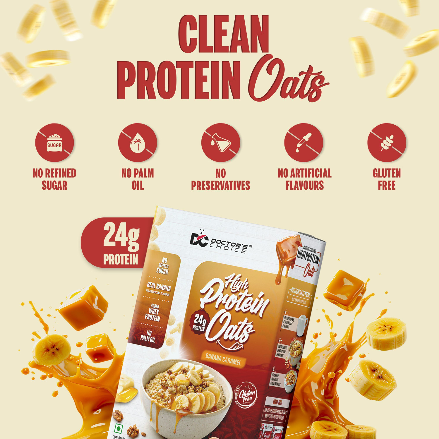 Image of DOCTOR'S CHOICE Banana Caramel 24g High Protein Oats | Made With Real Bananas | No Refined Sugar Box