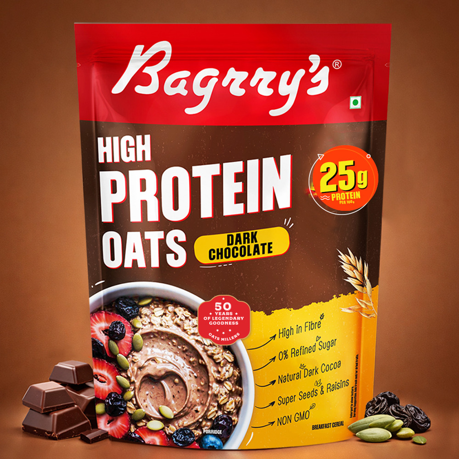 Image of Bagrry's by Bagrry's High Protein Oats Dark Chocolate (with 25g protein per 100g) Pouch