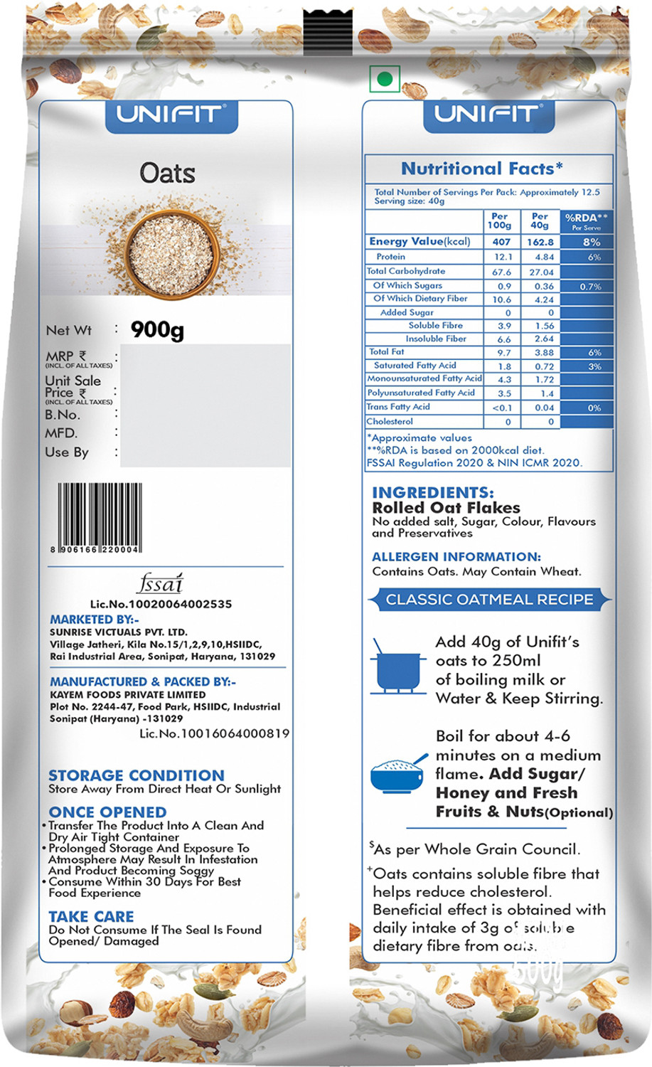 Image of Unifit 100% Wholegrain High Protein & Fibre Diet Food & Reducing Cholesterol 900g x 2 Pouch