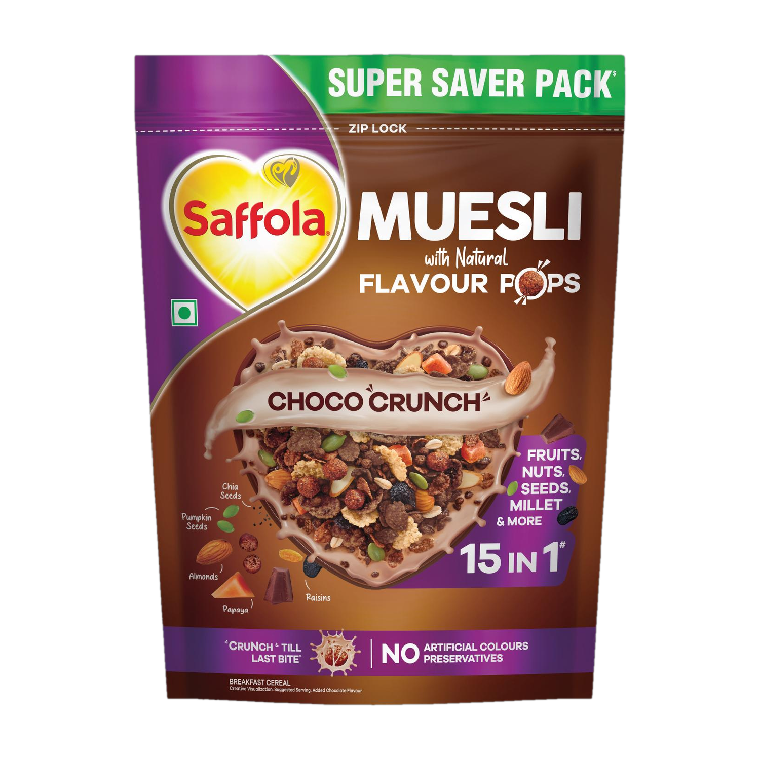 Image of Saffola Muesli Choco Crunch with Flavour Pops, 15 in 1 Fruit, Nuts, Millet & more Pouch Pouch