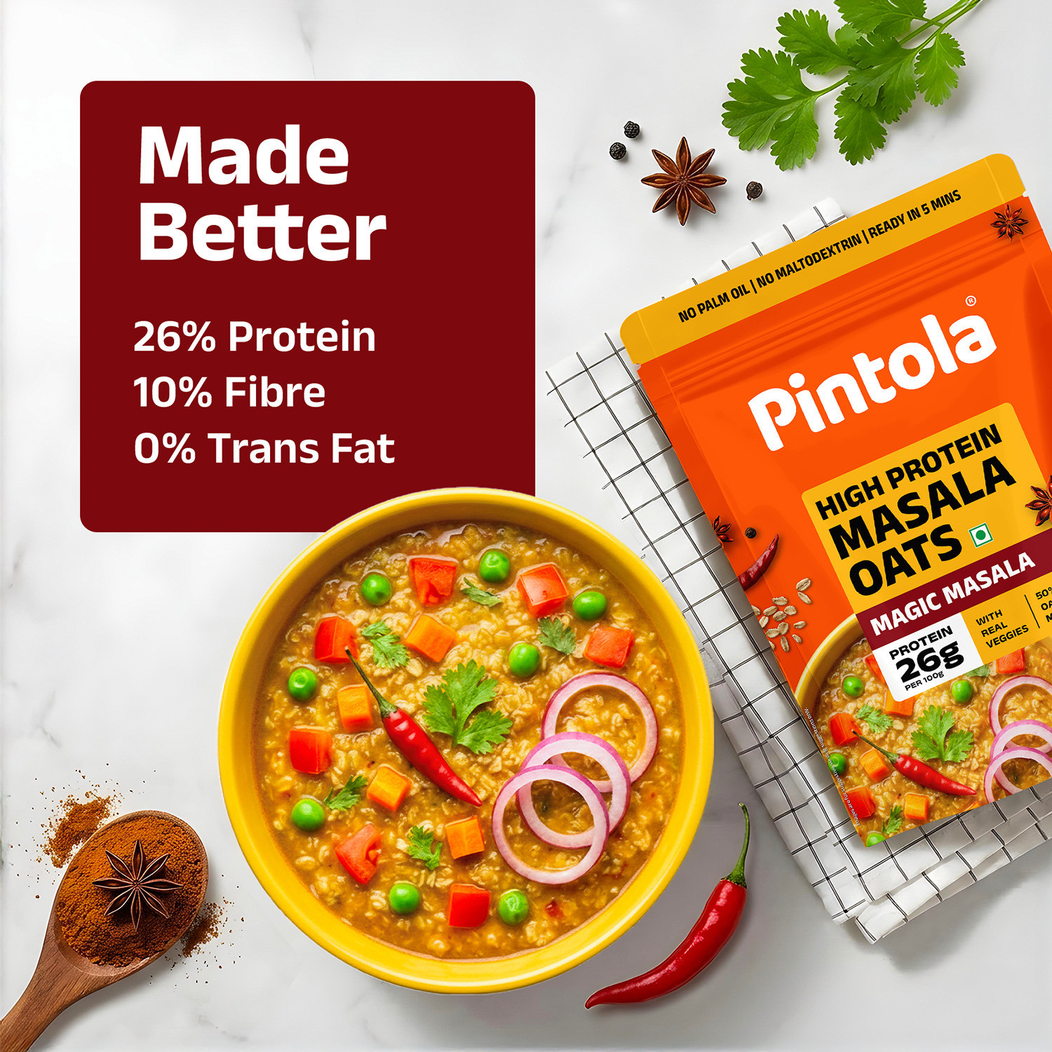 Image of Pintola by Pintola 26g High Protein Masala Oats - Magic Masala, Healthy 5 Min Snack Pouch