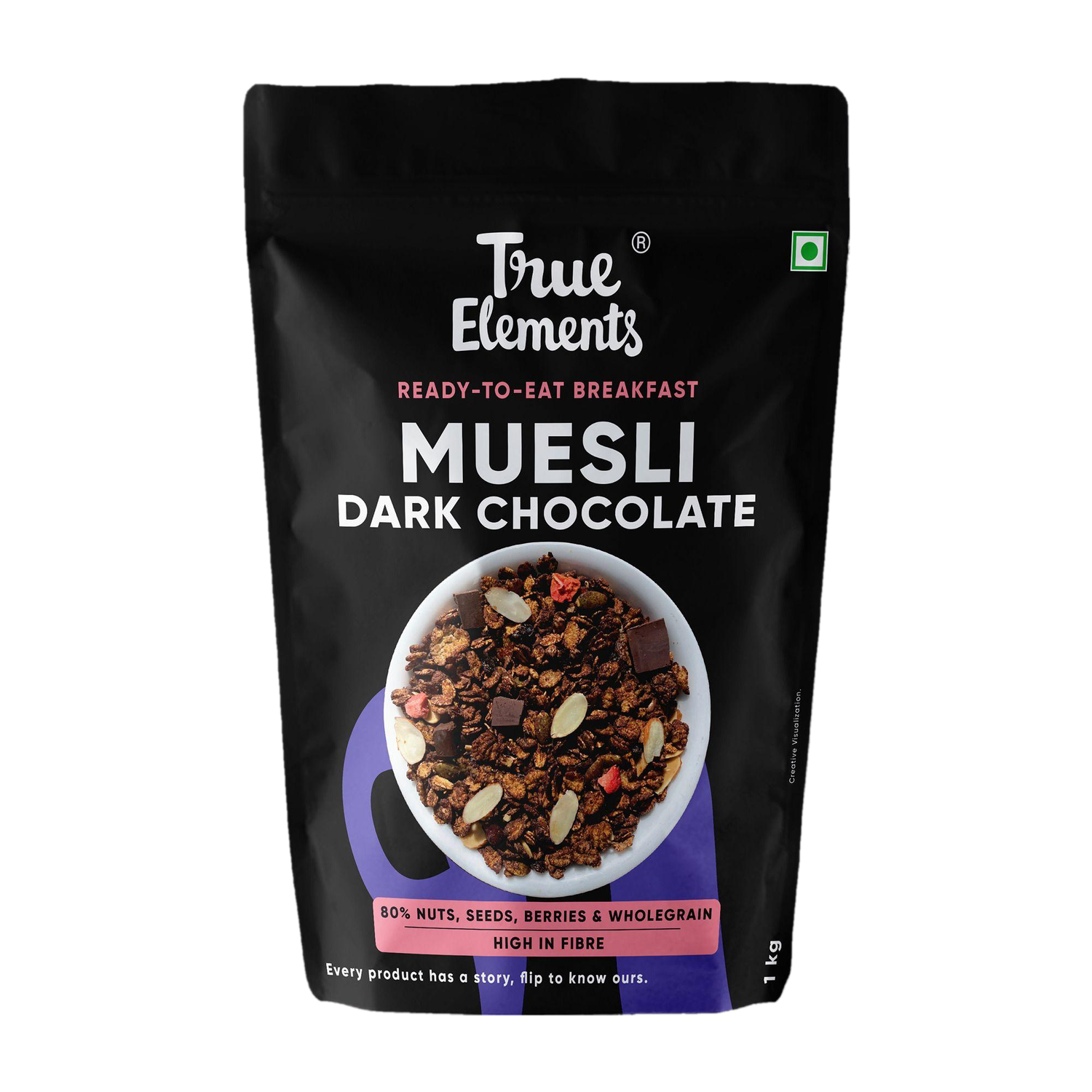 True Elements Dark Chocolate Muesli - Wholegrain Breakfast Cereal, Ready to Eat Healthy Snack Pouch