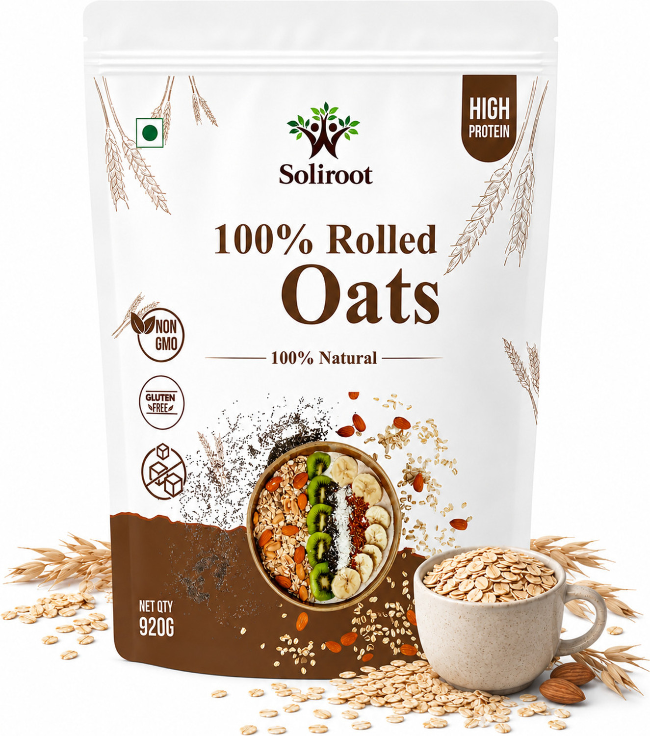 Image of Soliroot Premium Protien Rich Rolled Oats | High Fiber Healthy Breakfast Whole Grain Oats Pouch