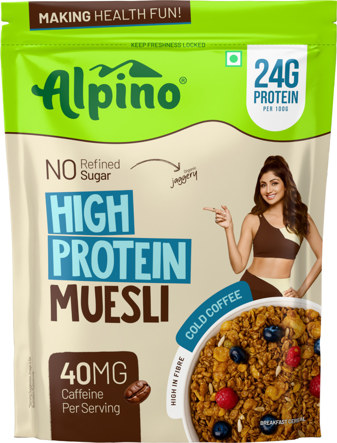 Image of ALPINO 24g High Protein Muesli Cold Coffee 40mg Caffeine per Serving- No Refined Sugar Pouch (400 g)