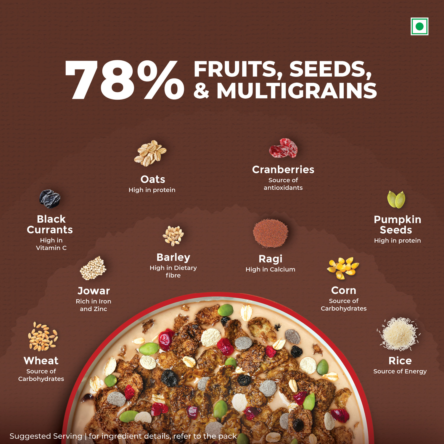 Image of Kellogg's by Kellogg's Choco Millet Muesli 78% Fruit, Seeds & Multigrain|Power Breakfast|No Palm Oil Pouch