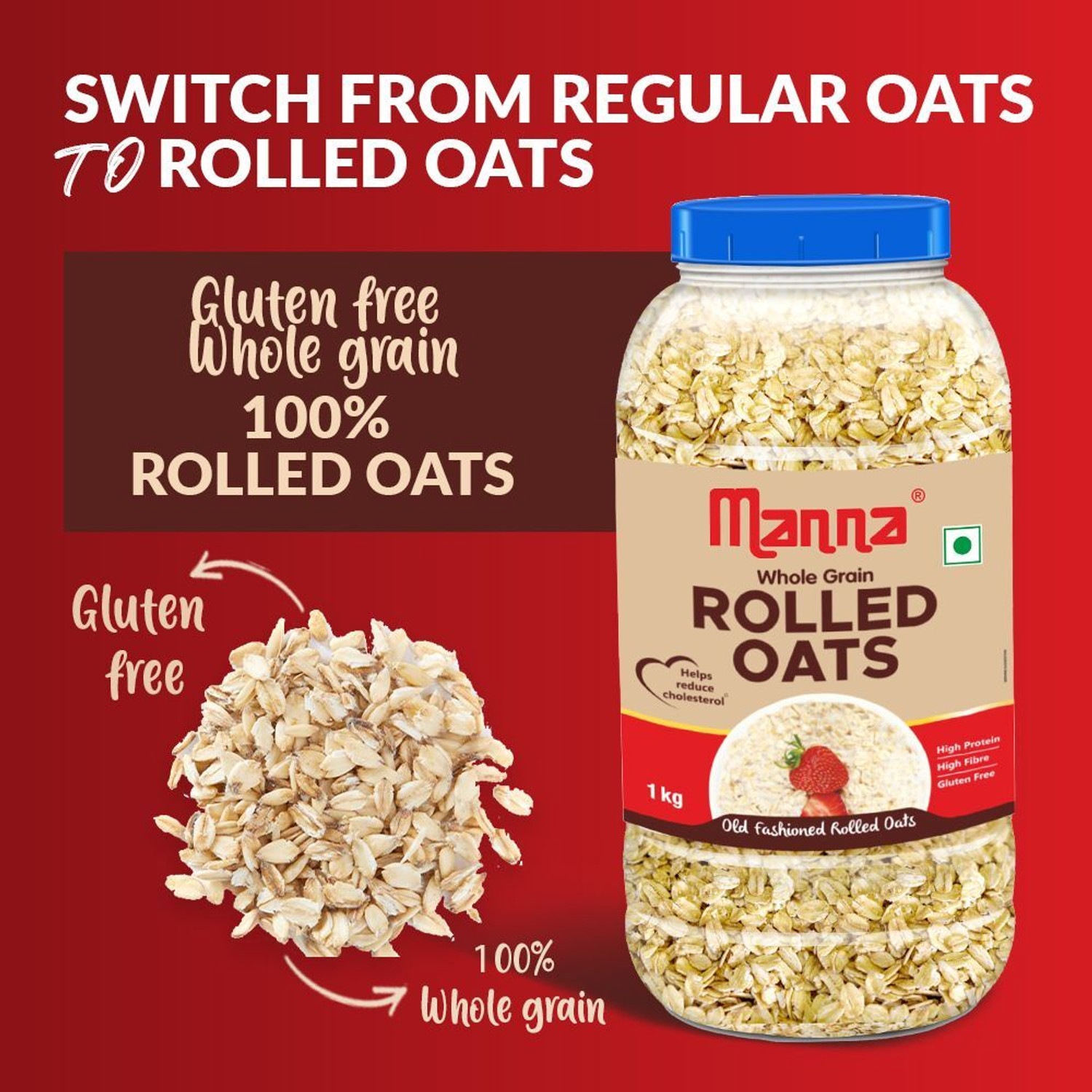 Image of Manna Rolled Oats - 1kg| Gluten Free | High Protein & Fibre | 100% Whole Grain Plastic Bottle