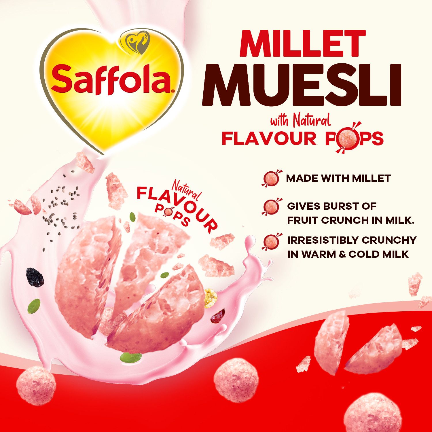 Image of Saffola Millet Muesli Fruit Crunch with Crunchy Flavour Pops & High Fibre Pouch
