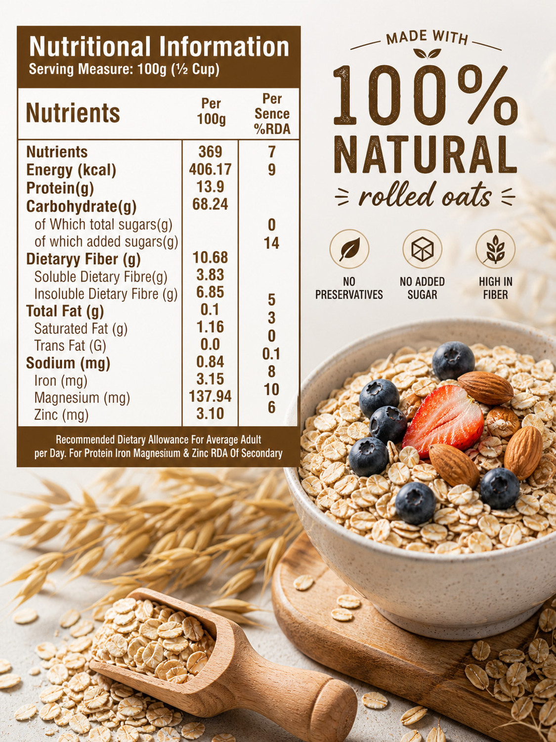 Image of Soliroot Premium Protien Rich Rolled Oats | High Fiber Healthy Breakfast Whole Grain Oats Pouch