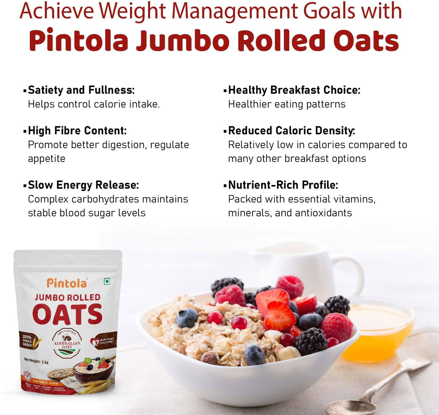 Image of Pintola Combo Pack of 2 Jumbo Rolled Oats 1kg, 100% Natural Wholegrain, Gluten-Free Pouch