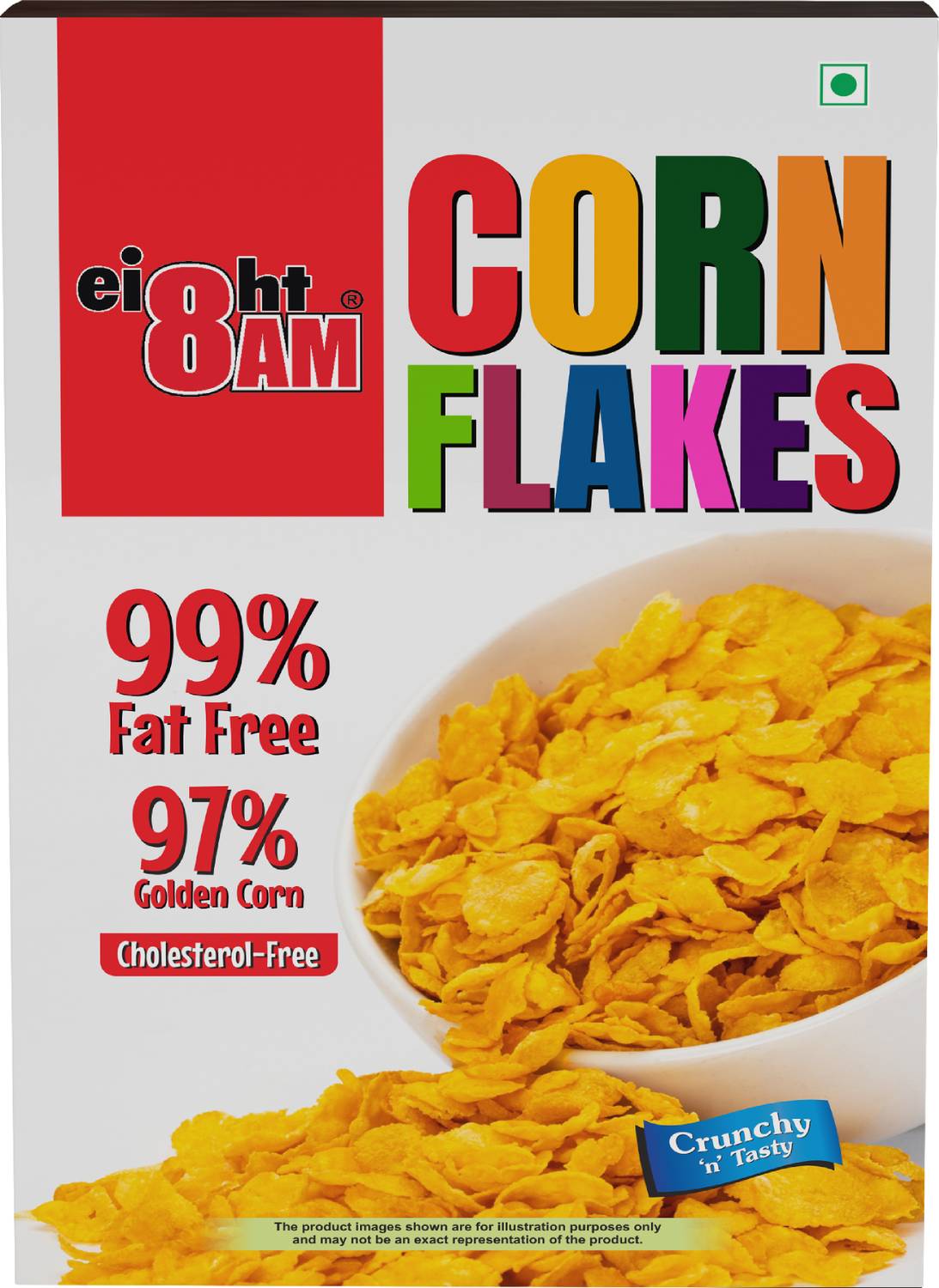 8AM Corn Flakes 500g, 97% Corn, 99% Fat Free, No Cholesterol, Nutritious Cereal Box
