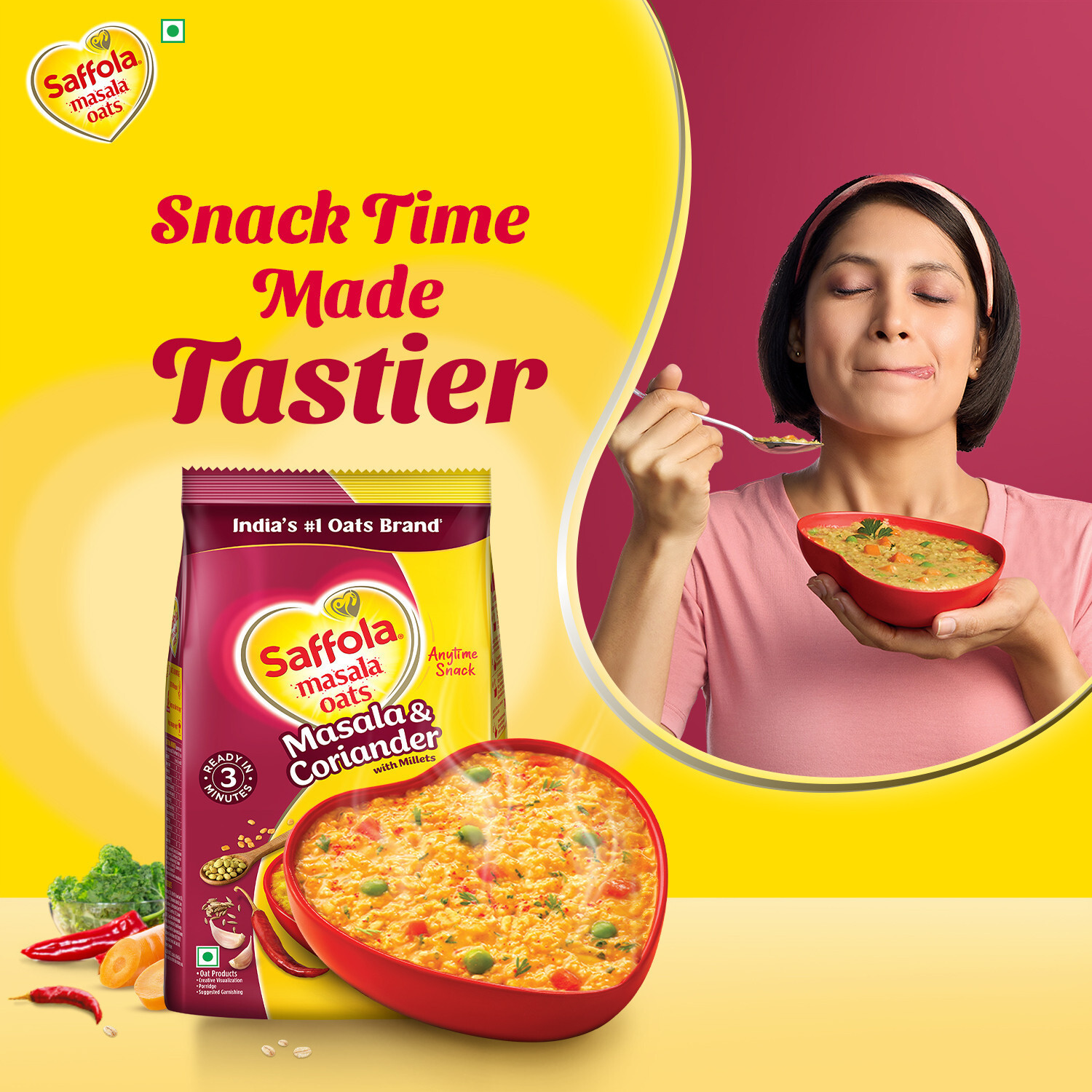 Image of Saffola Masala Oats |Masala Coriander|Anytime Snack |Ready in 3 mins |Millets Goodness Pouch