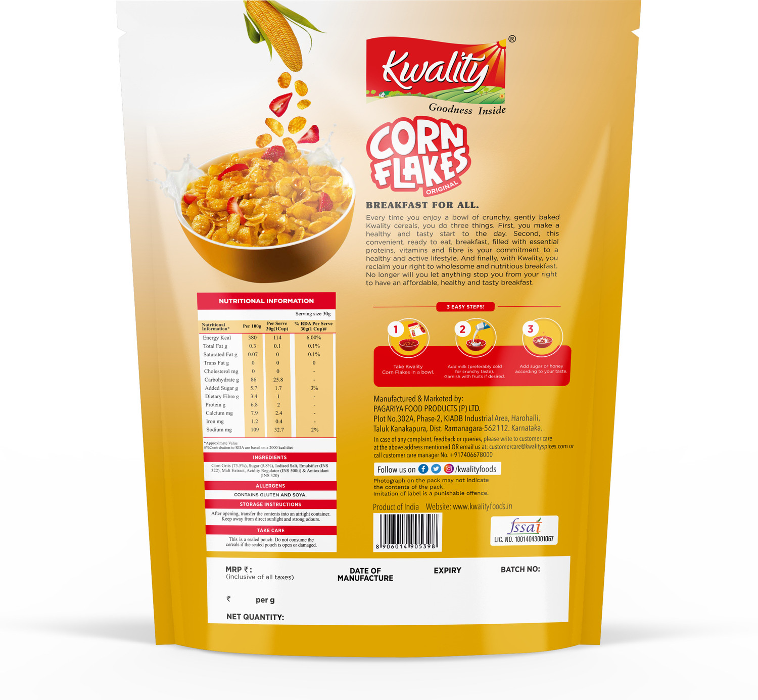 Image of Kwality Corn Flakes Original, 99% Fat-Free, Vitamins, Iron & Proteins, Breakfast cereals Pouch