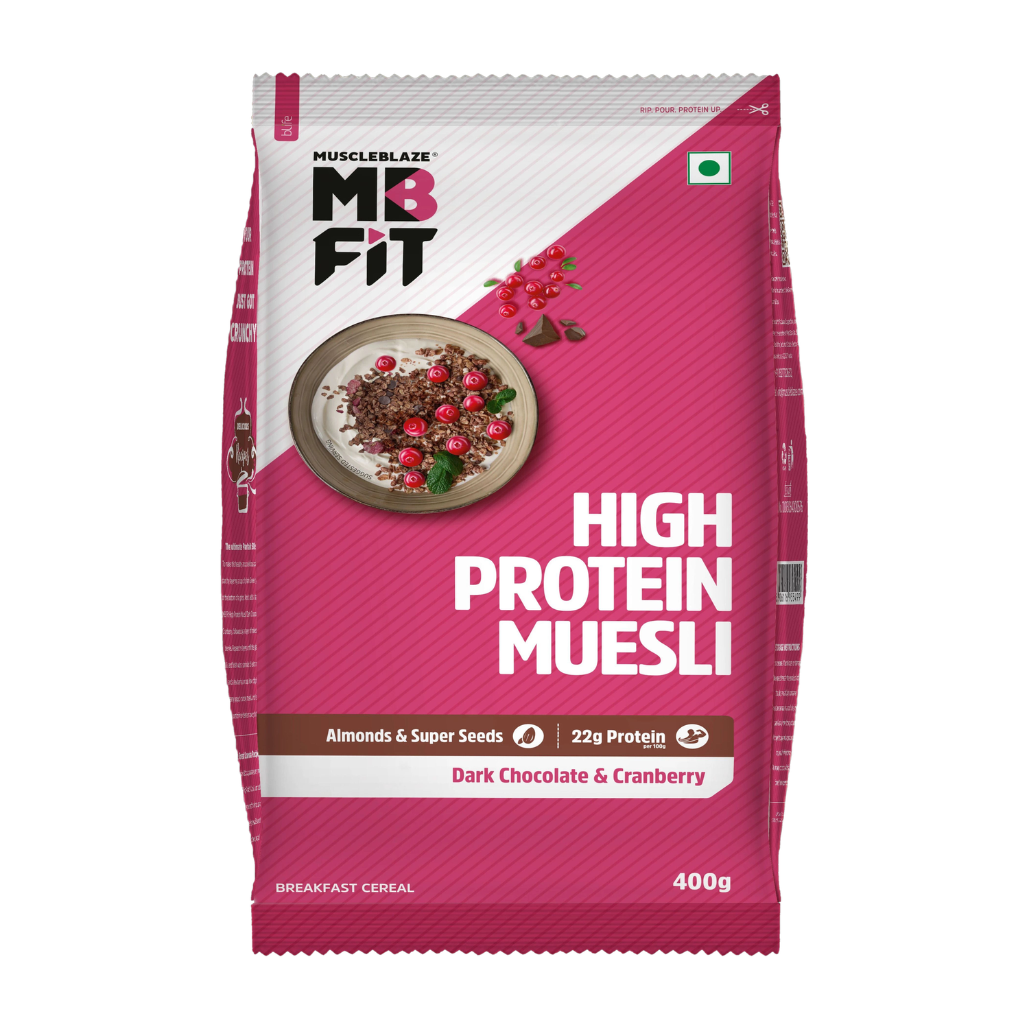 MUSCLEBLAZE by MuscleBlaze High Protein Muesli, 19.63 g Protein, with Superseeds, Raisins & Almonds, Ready to Eat Healthy Snack Pouch